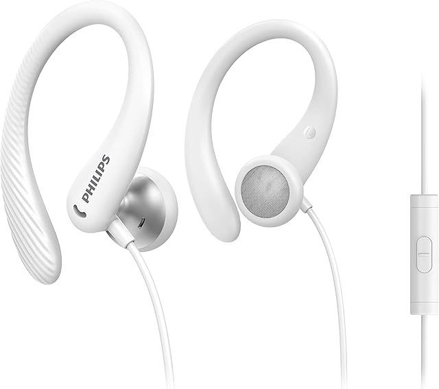 Philips Audio Sports Headphones A1105WT/00 With Microphone, In-Ear Headphones (Flexible Ear Hook, Bass Beat Vent, IPX2 Sweat Resistant, Secure Fit, In-Line Remote Control) White