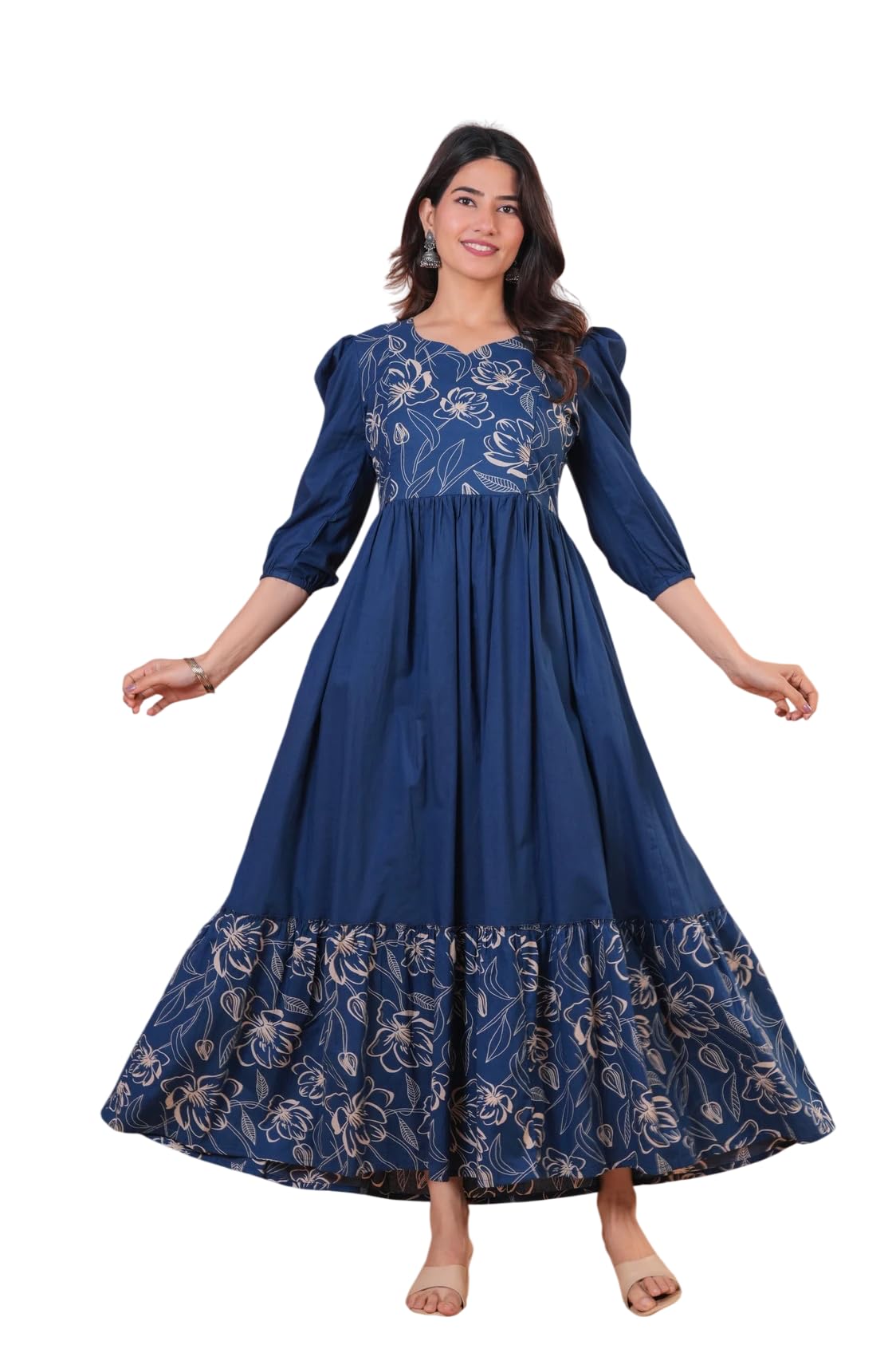 Pure Cotton Floral Print Tiered Anarkali Maxi Dress for Women Flared Ethnic Traditional Party Wedding Office Casual Celebration Wear-image-35