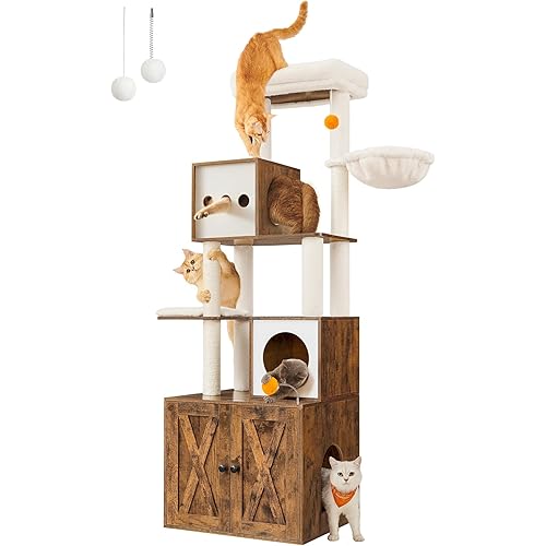 Feandrea Cat Tree with Litter Box Enclosure, 2-in-1 Modern Cat Tower, 72.8-Inch Tall Cat Condo with Scratching Posts, Perch, Caves, Basket, Washable Cushions, Rustic Brown UPCT116X01