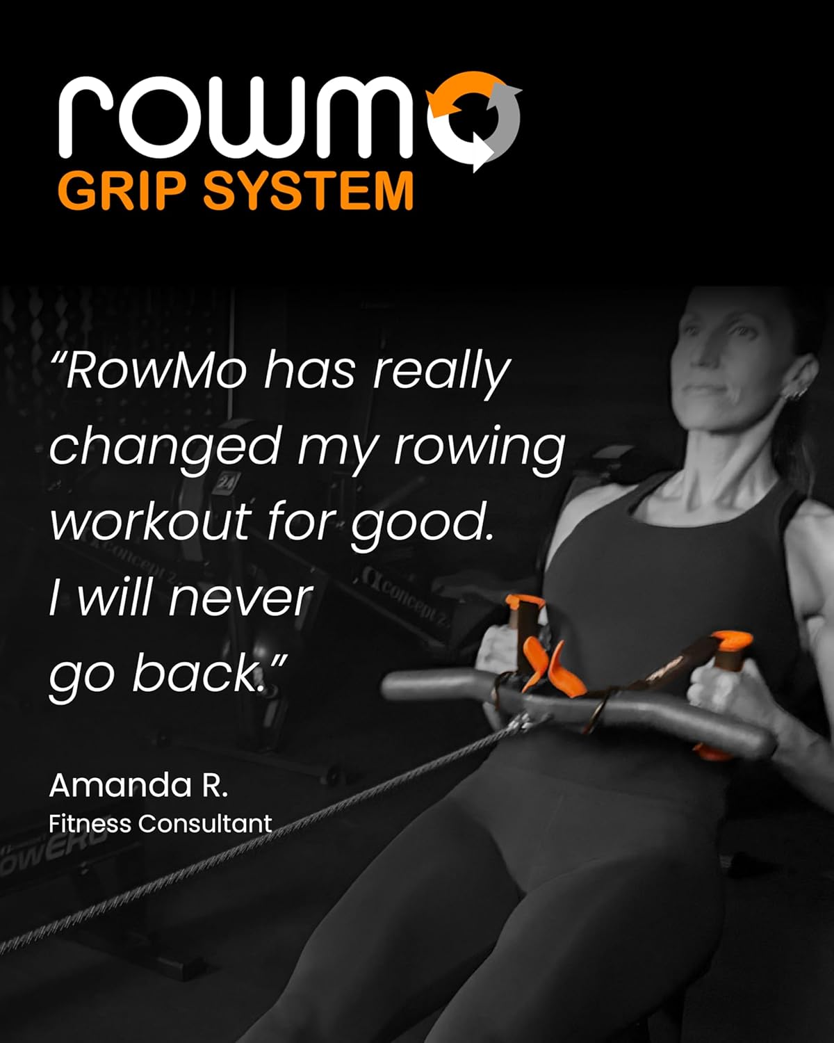 RowMo Grip System for Concept 2 Rowing Machine, Ergonomic Handles with Straps, Black and Orange
