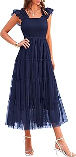 Women's Summer Tulle Midi Dress Sleeveless Smocked Ruffle Flowy Mesh Dresses Party Wedding Guest Sundress