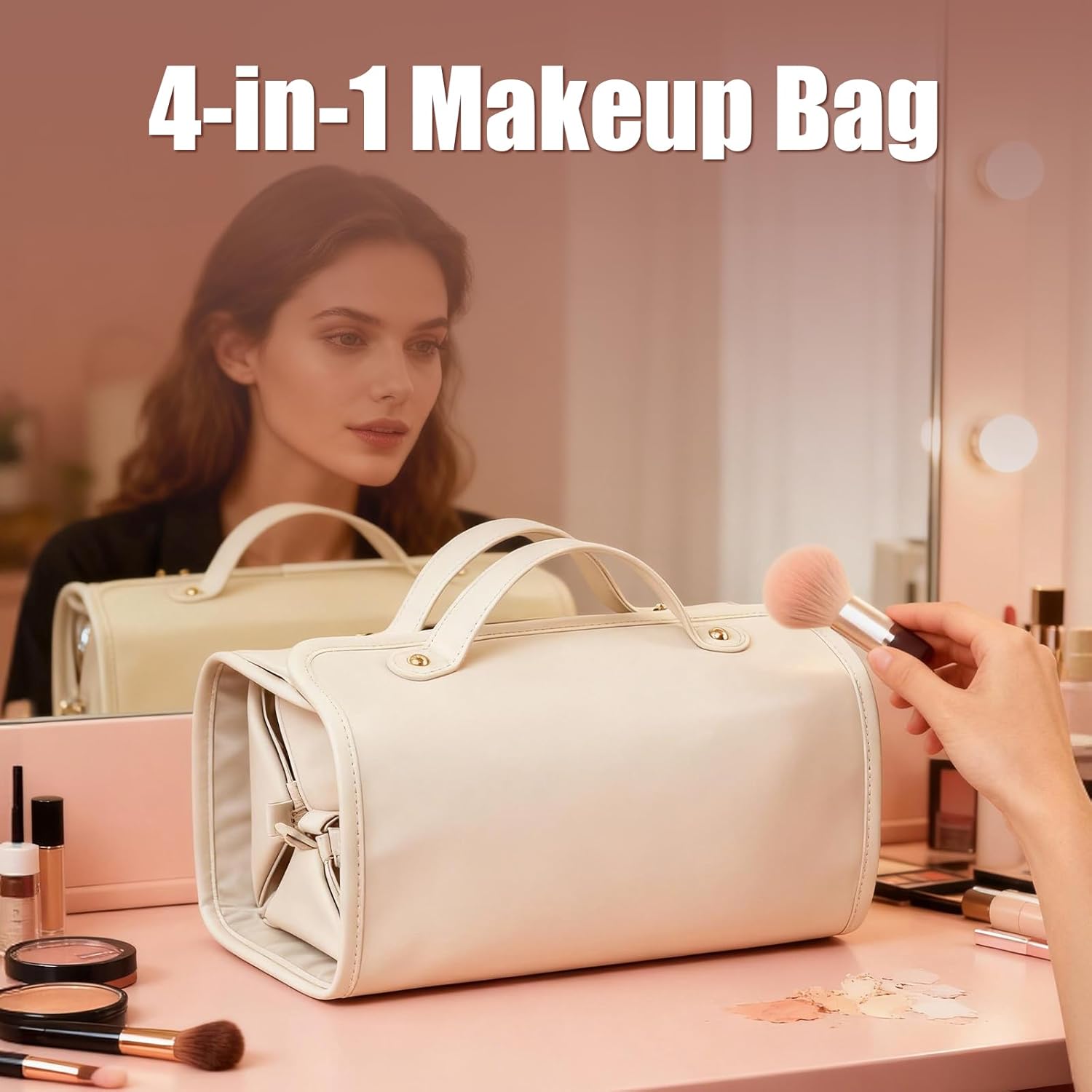 Large Expandable Makeup Bag for Women, 4-in-1 Waterproof Makeup bag, Cosmetic Bag with Detachable Interior Pockets, Ideal for Women Travel Essentials(White) - Image 6