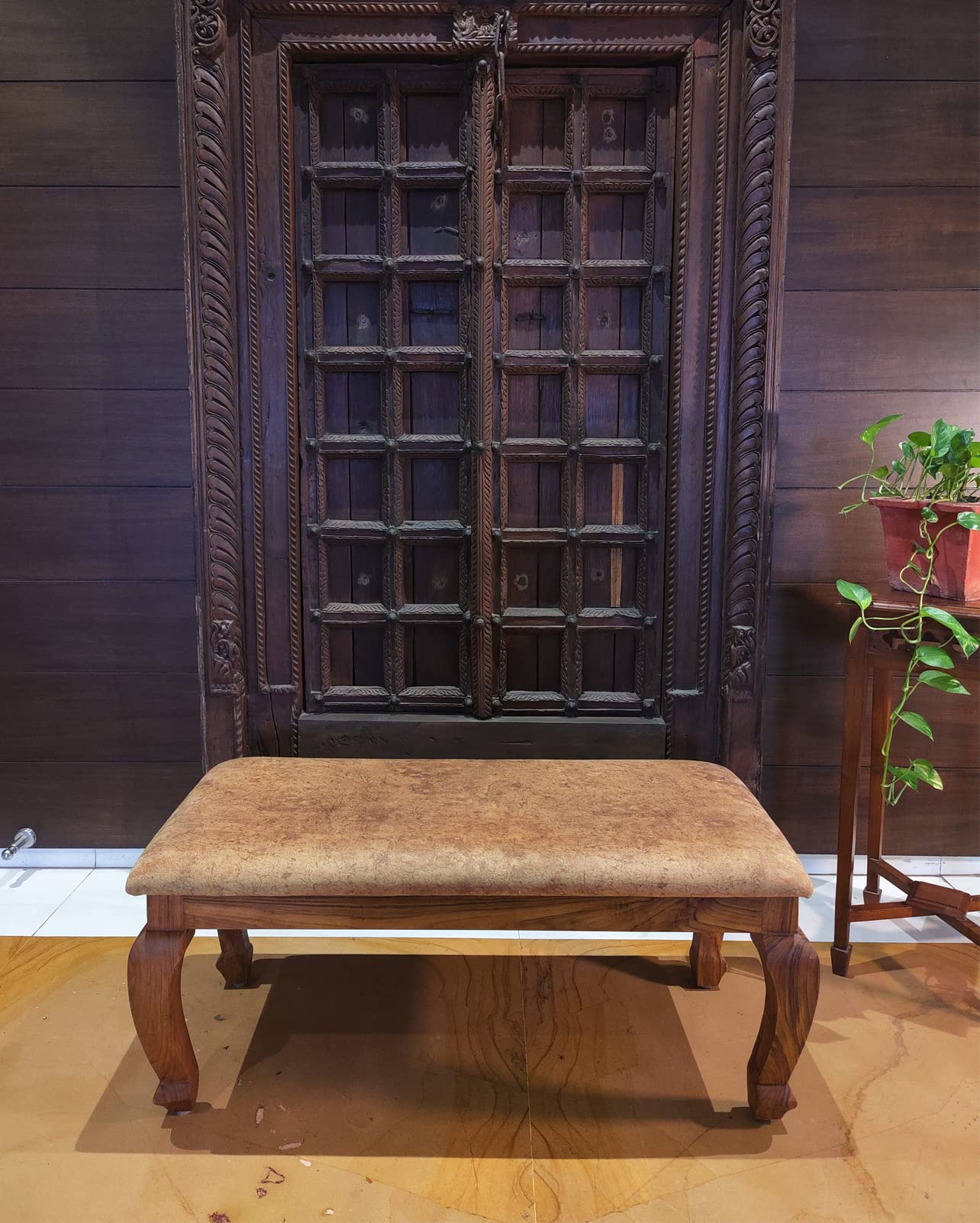 Artiqulate Teak Wood Bench with Plain Fabric Upholstery