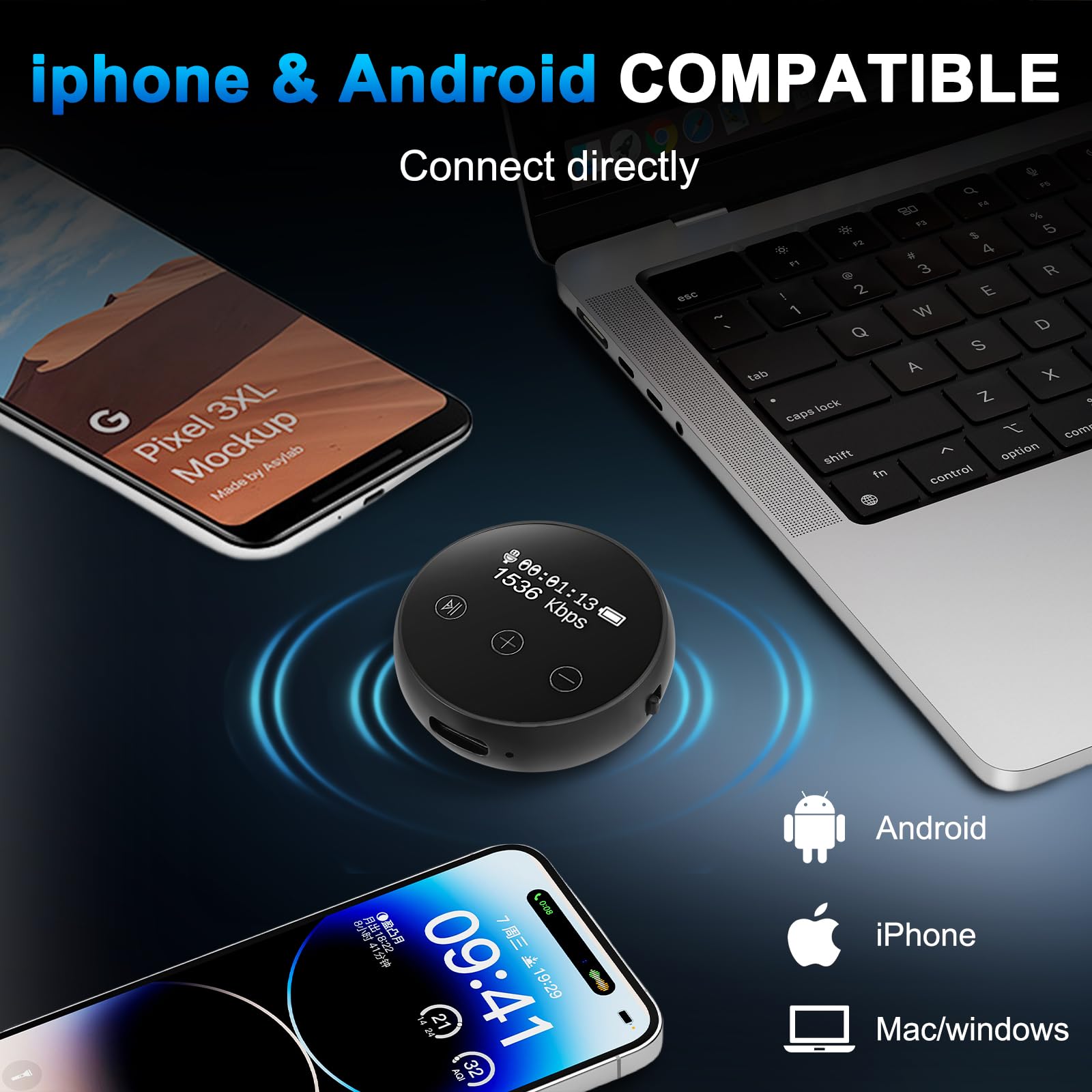 Registratore digitale da 64 GB con tripla riduzione del rumore DSP, registrazione continua di 20 ore, registrazione vocale, registrazione One Touch, funzione magnetica per riunioni e interviste
