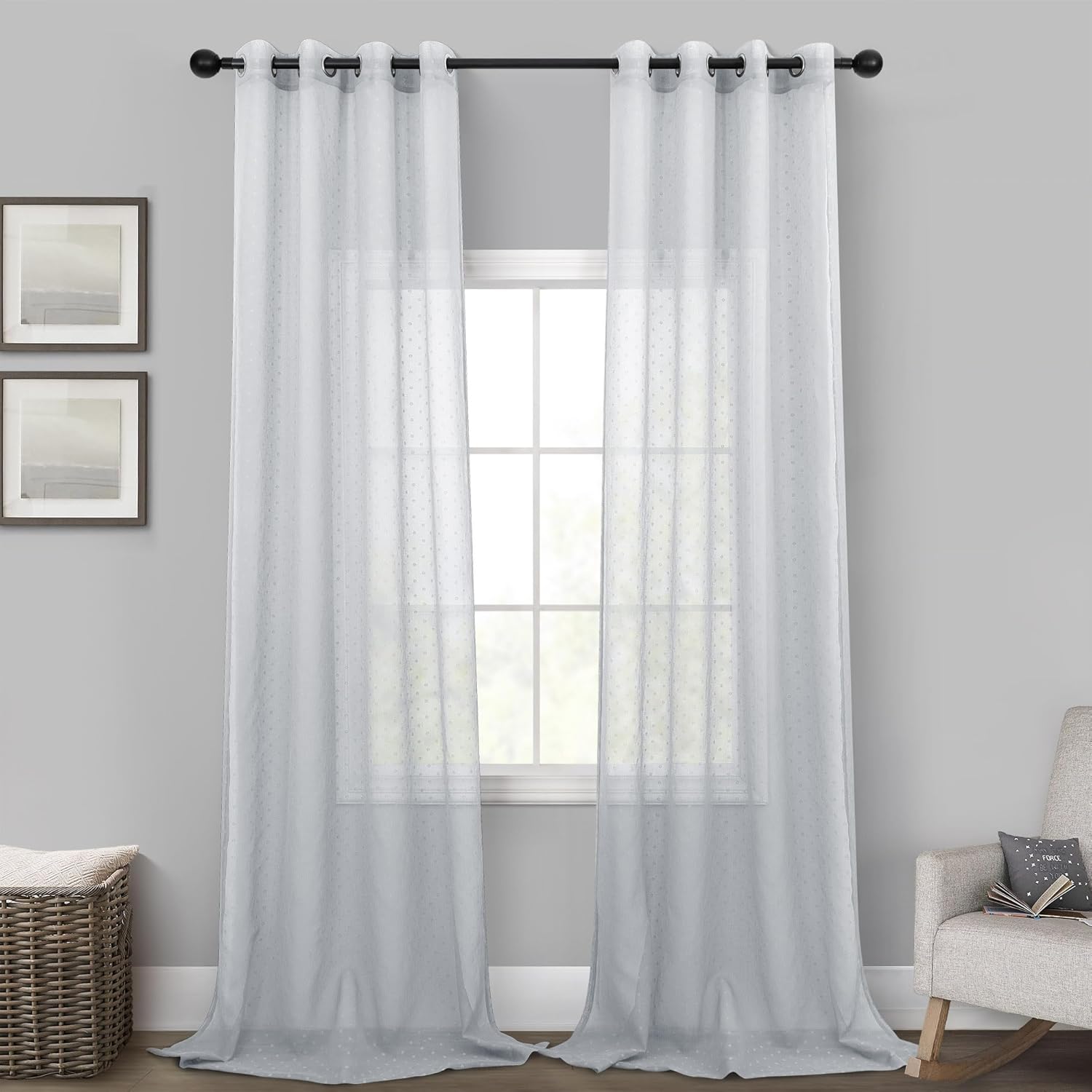 Pitalk Gray Sheer Curtains 96 Inches Long 2 Panels for Living Room Grommet Polka Dots Textured Voile Drapes Light Grey Lightweight Curtains for Dining Room Boys Bedroom Sliding Glass Door 52x96 Inch 52"W x 96"L (Pack of 2) Grey
