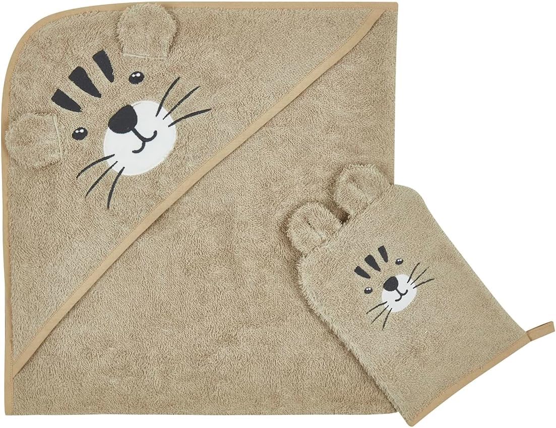 COOLMITowels and Washcloths - 100% Cotton Luxury Animal Embroidered Hooded Towels Set; Bath Towel and Glove; Highly Absorbent Bathroom Lightweight Towels for Baby, Newborn, 2 Counts, Beige Tiger