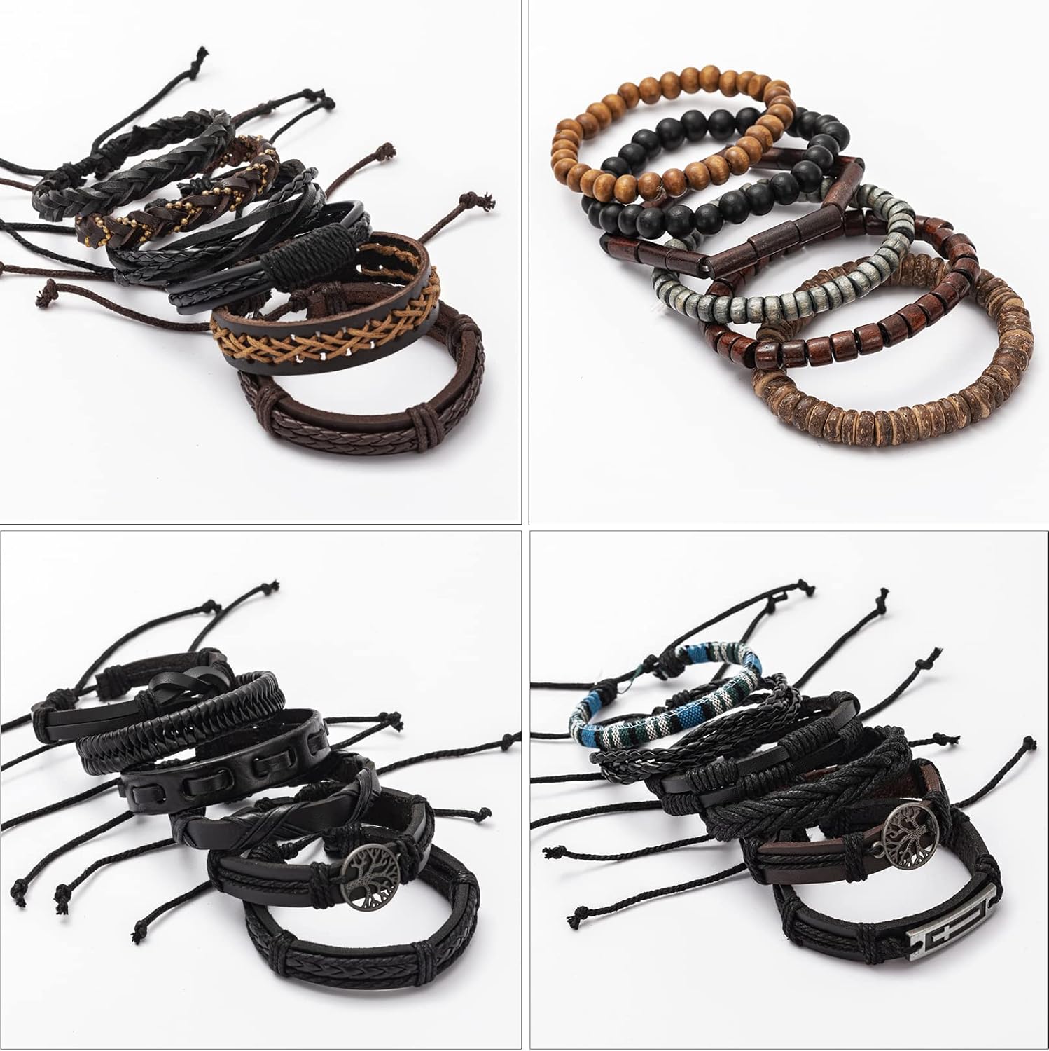 FIRAZIO 42Pcs Braided Leather Bracelets for Men Women Wrap Wood Beads Cuff Bracelet Hemp Cords Ethnic Tribal Handmade Wrap Wristband Bracelets Set Adjustable - Image 7