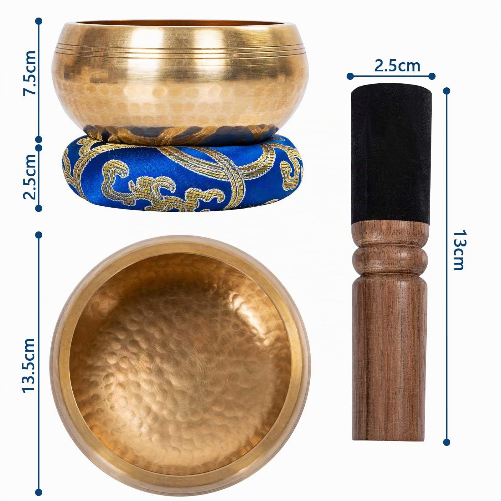 OUUTMEE Cuenco tibetano de 13 cm, cuenco sonoro original hecho a mano, juego de cuencos sonoros con mazo y cojín, grande