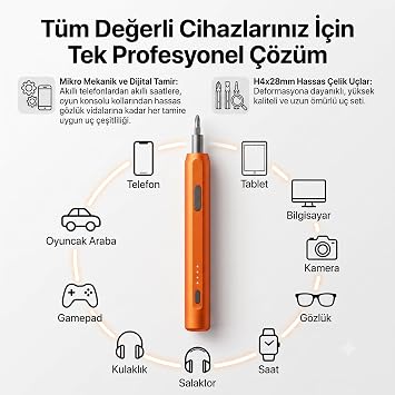 Vıvopack TK-S001 Elektrikli Şarjlı Hassas Tornavida Seti, 0.3N.m Tork & 150 RPM, Type-C Hızlı Şarj, LED Işıklı ve Manyetik Uçlu, Telefon Elektronik Tamiri İçin Mini Tornavida Seti, Turuncu