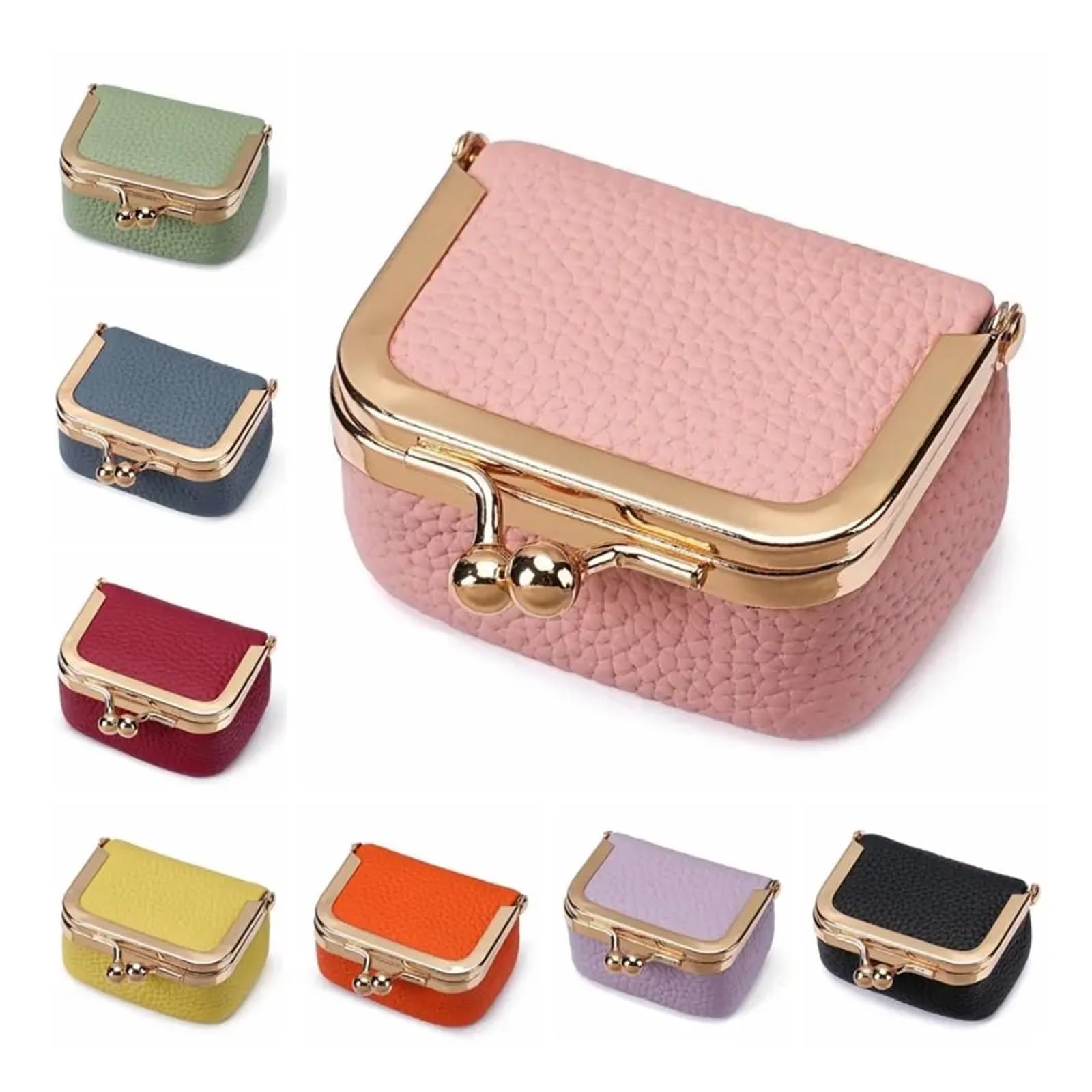 Monedero de Cuero Genuino con Cierre de Beso, Bolso Cuadrado de Cuero de Color sólido for joyería, Mini Bolso Multifuncional for artículos pequeños