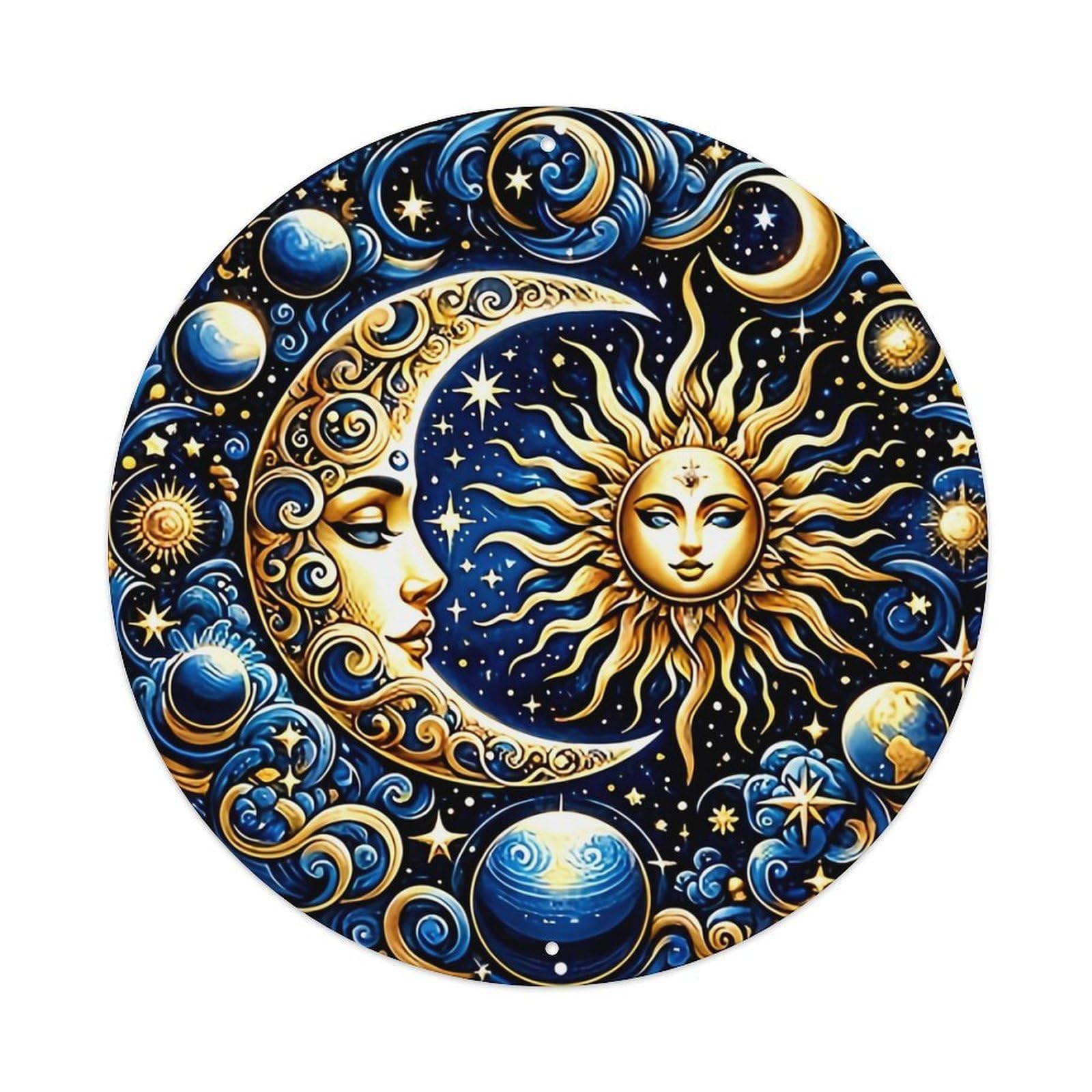 Sun Moon Stars Planets Cosmos Retro Metal Sign Round Tin Sign, Vintage Decor Art Poster for Bar, Home, Man Cave, Kitchen, Laundry Room Gift 8x8Inch