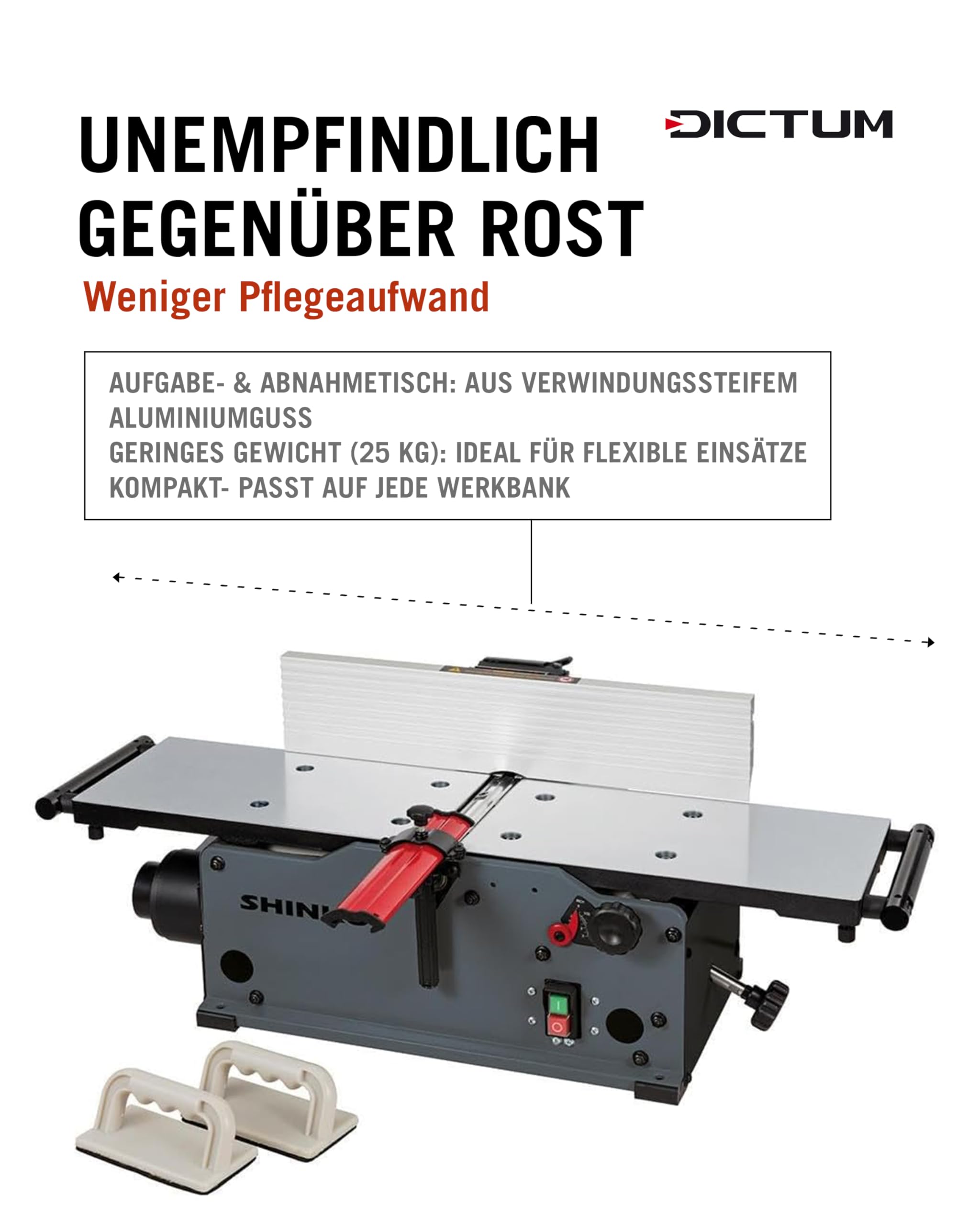 Shinko AH200 Abrichthobel – 200 mm Hobelbreite, Spiralwelle mit 16 HSS-Wendeplatten, Aluminiumguss-Tische, 1200 W Motor, mobil & präzise
