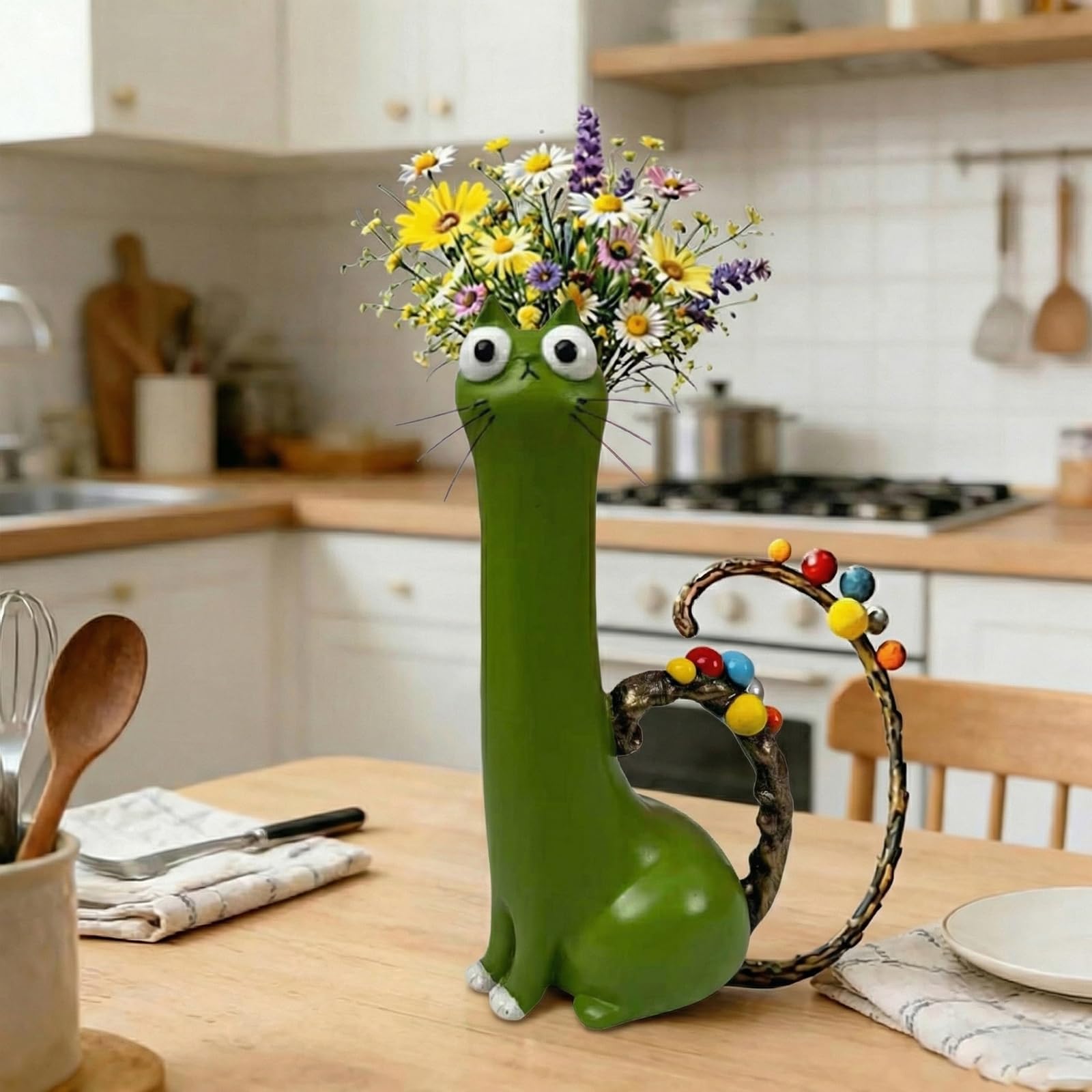 Handcrafted Quirky Cat Vase for Flowers, Whimsical Kitty Planter for Small Flowers, Resin Cat Vases, BookShelf Decor, Desk Ornament Gift for Cats Lovers-Dark Green