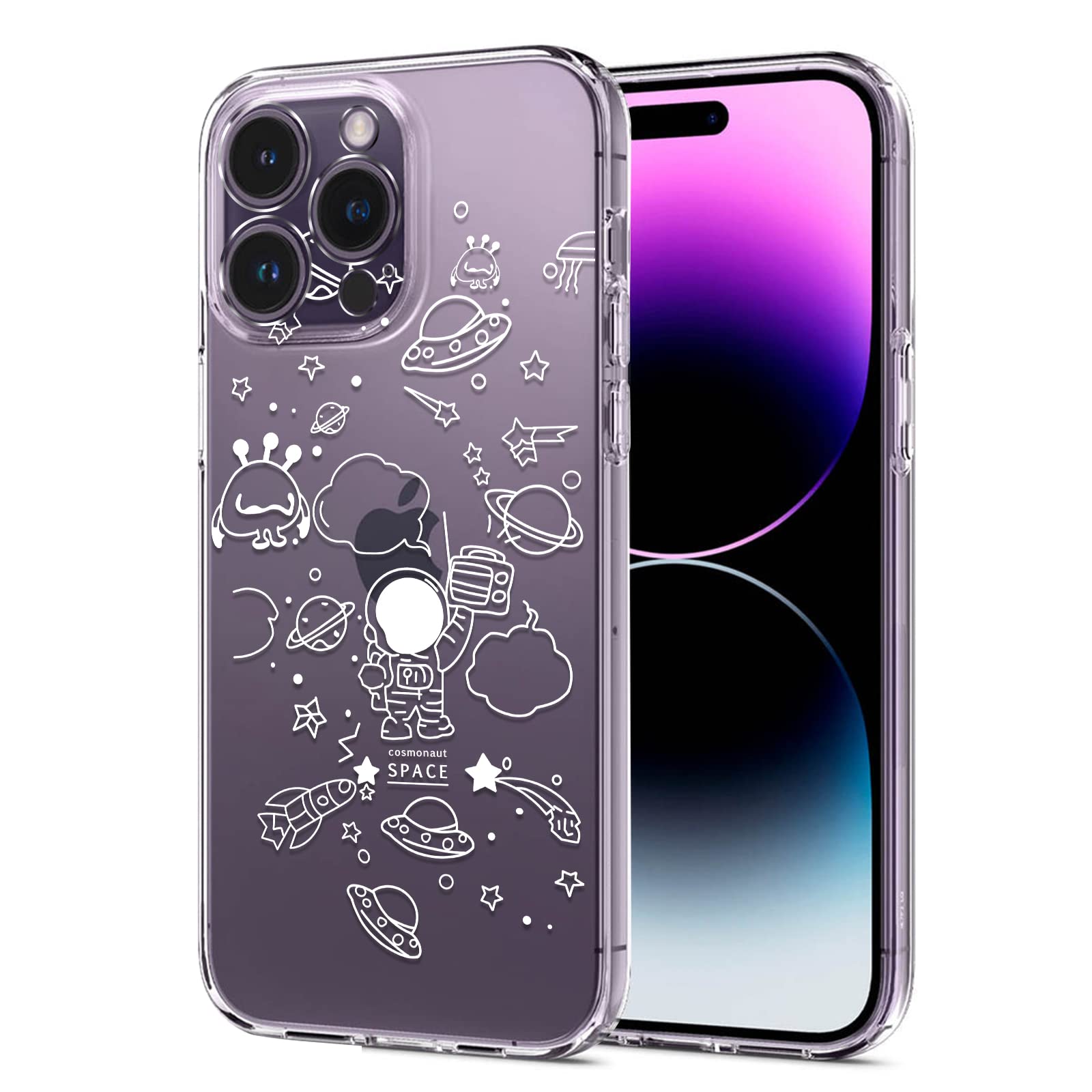 NITITOP Compatible with iPhone 14 Pro Max Case Clear Cute with Astronaut Outer Space Planet Star Creative Pattern,Soft TPU Shockproof Slim for iPhone 14 Pro Max-Space