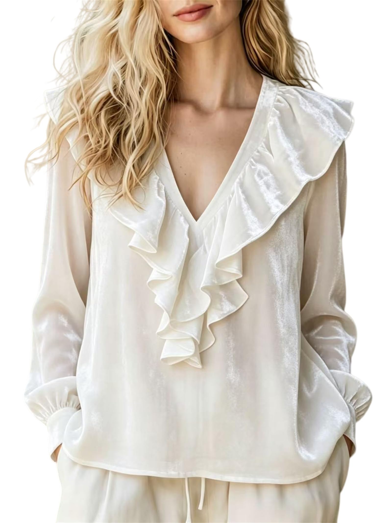 Top Mujer Terciopelo Cuello V Volantes Manga Larga Corte Holgado Casual Elegante Otoño