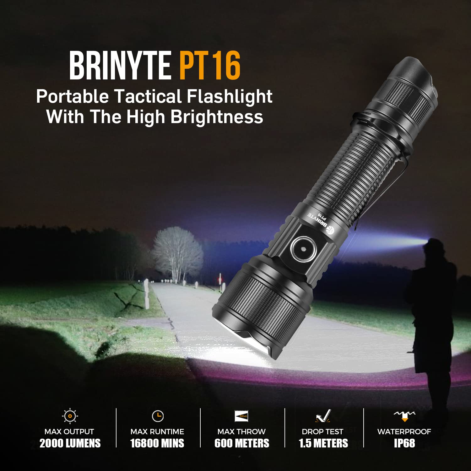 Brinyte PT16 Linterna Táctica Ultrabrillante Largo Alcance Emergencia | 2000 Lúmenes,Alcance Máximo 600m,6 Modos Luz Intermitente&SOS, Indicador Estado,Bloqueo Teclas,Camping Senderismo Emergencias