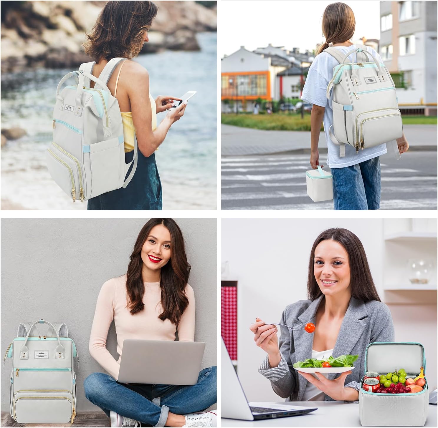 ETRONIK Lunch Backpack, 15.6 Inch Laptop Backpack, Stylish Nurse Teacher Work Bag with Insulated Cooler Lunch Box for Women Men, College Backpack for Travel, Grey Blue