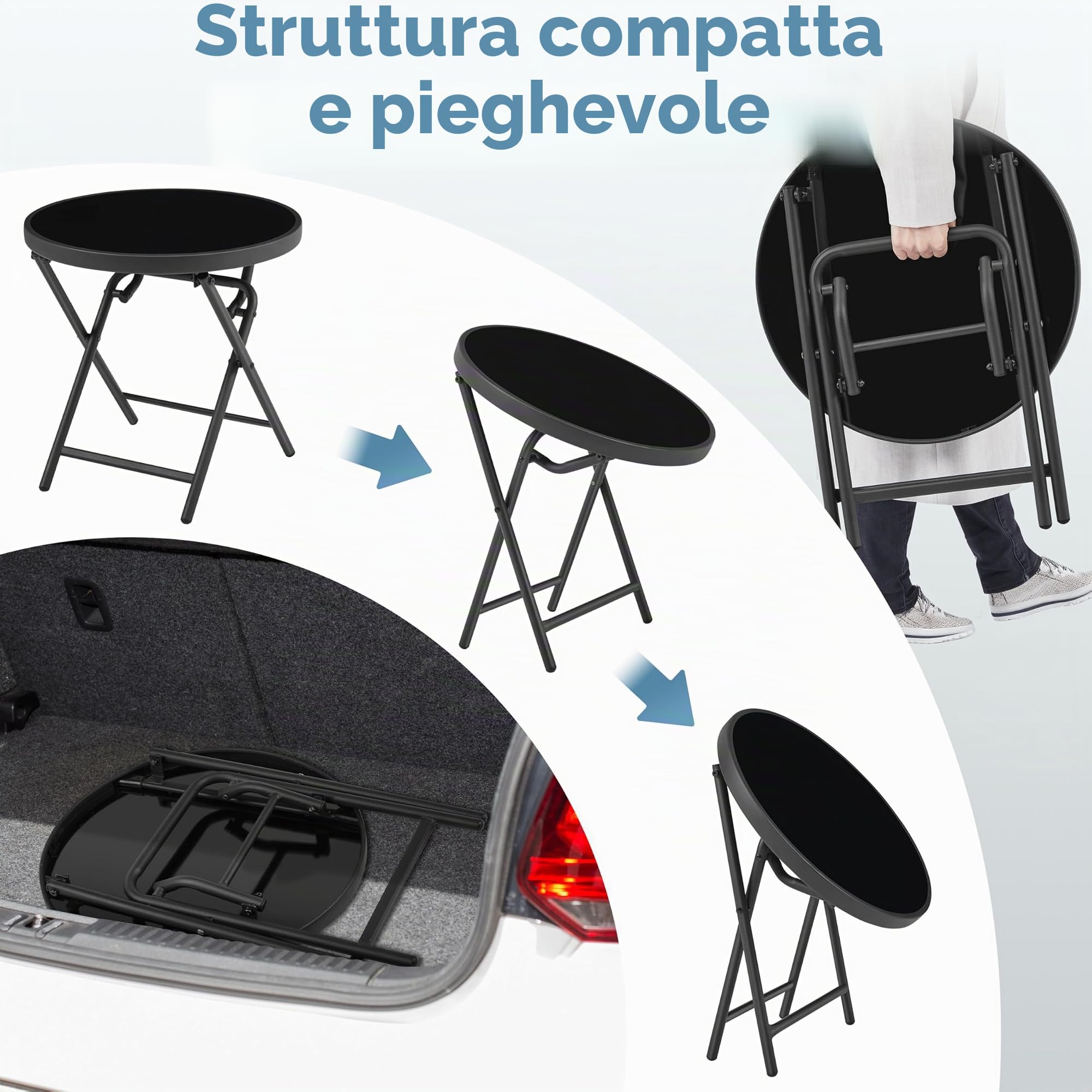 Yaheetech Tavolino Rotondo Pieghevole Dia.46 cm in Vetro e Metallo Resistente alle Intemperie Nero