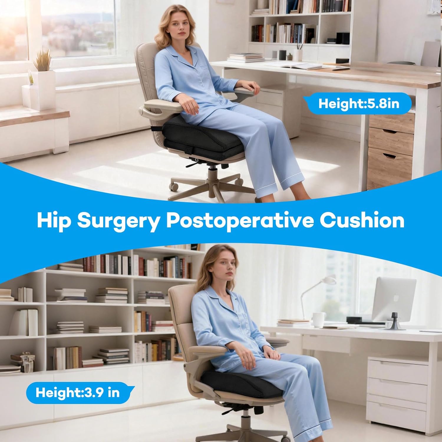 Memory Foam Post Hip Surgery Cushion Adjustable Height Hip Replacement Recovery Cushion with Non Slip Bottom and Strap for for Long Sitting, Cushions for Wheelchair Office Car