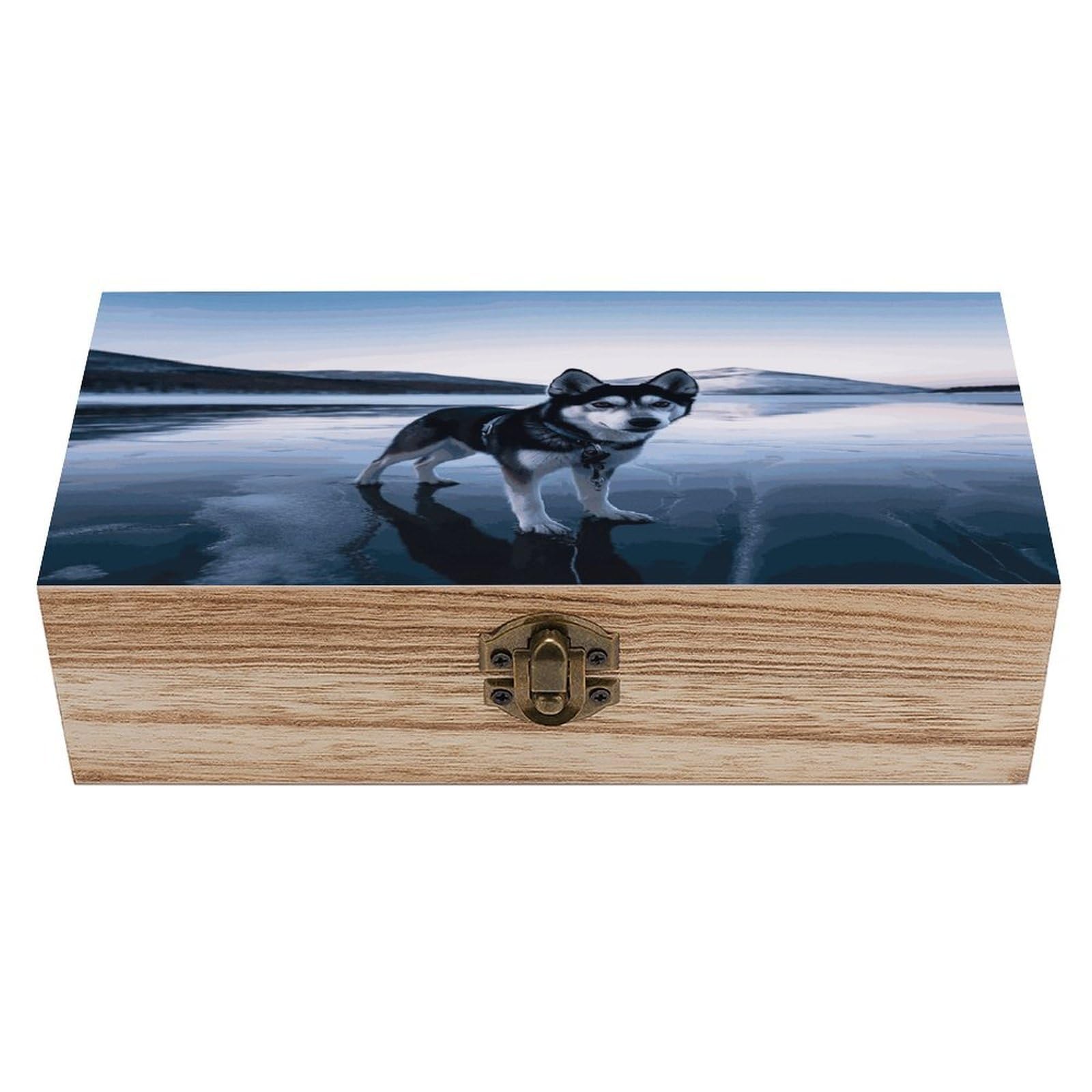 Btcowzrv Style Husky Dog On A Frozen Lake Wooden Storage Box, Keepsake Box With Hinged And Retro Lock, Wood Jewelry Organizer For Photos & Mementos And Home Decor