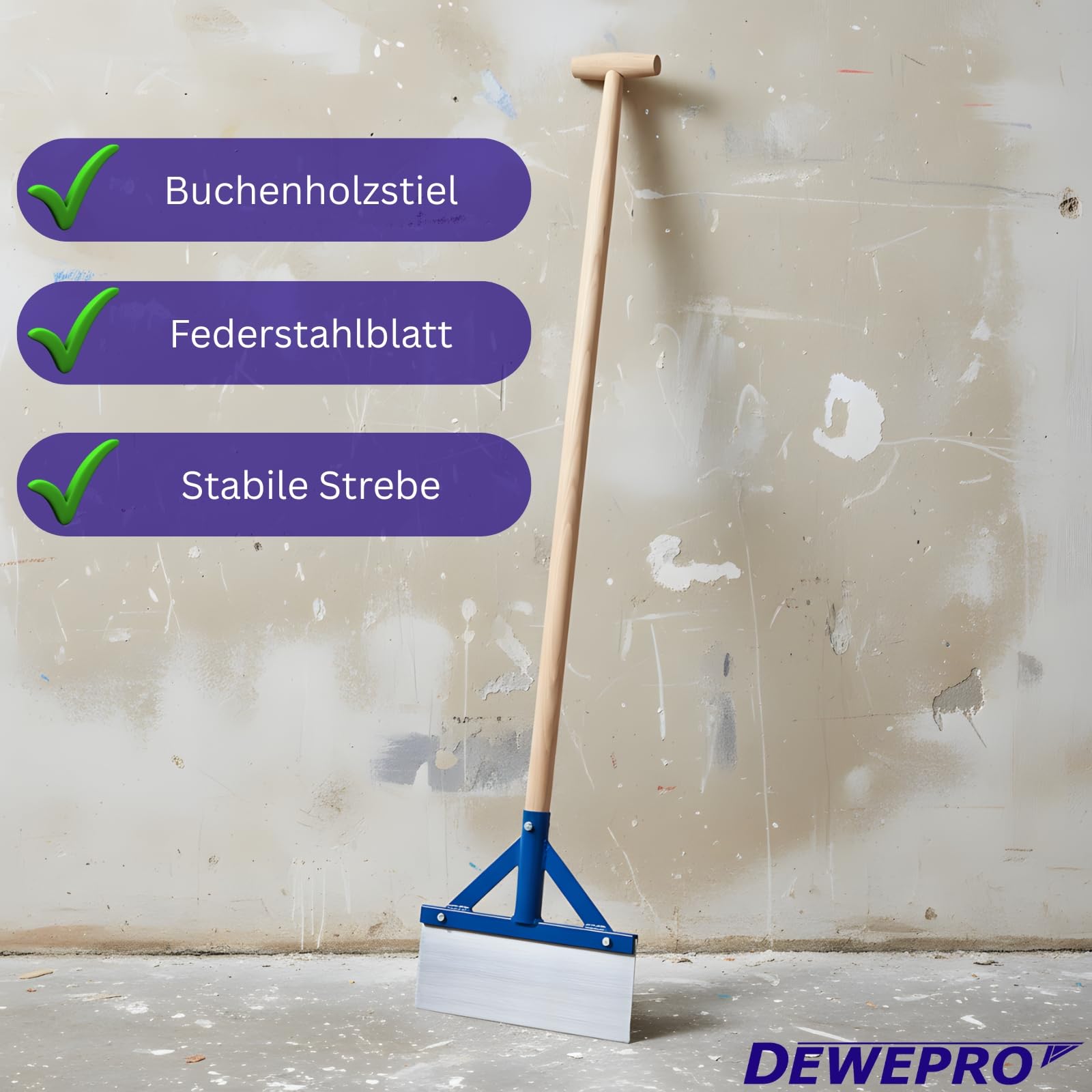DEWEPRO Stoßscharre 300 mm mit Holzstiel und Federstahlblatt | Robuster Bodenschaber zum Entfernen von Farbe, Belägen, Putzresten, Eis und hartnäckigen Rückständen