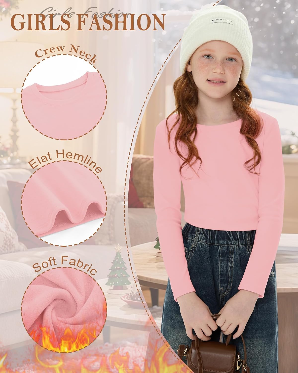 3 Pack Girl’s Long Sleeve Thermal Shirts Crew Neck Fleece Lined Thermal Underwear Base Layer Tops Casual Undershirt