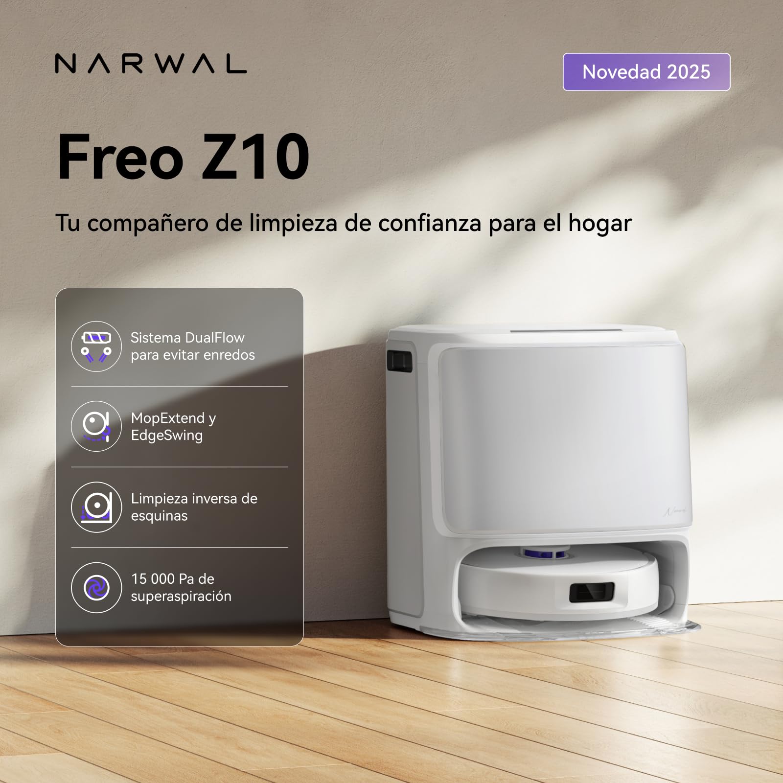 Robot odkurzająco-mopujący NARWAL Freo Z10 ze szczotką antysplątaniową | Moc ssania 15 000 Pa, nacisk mopowania 8 N, wysuwany mop, mycie wodą o temperaturze, samooczyszcząca stacja, ochrona dywanów