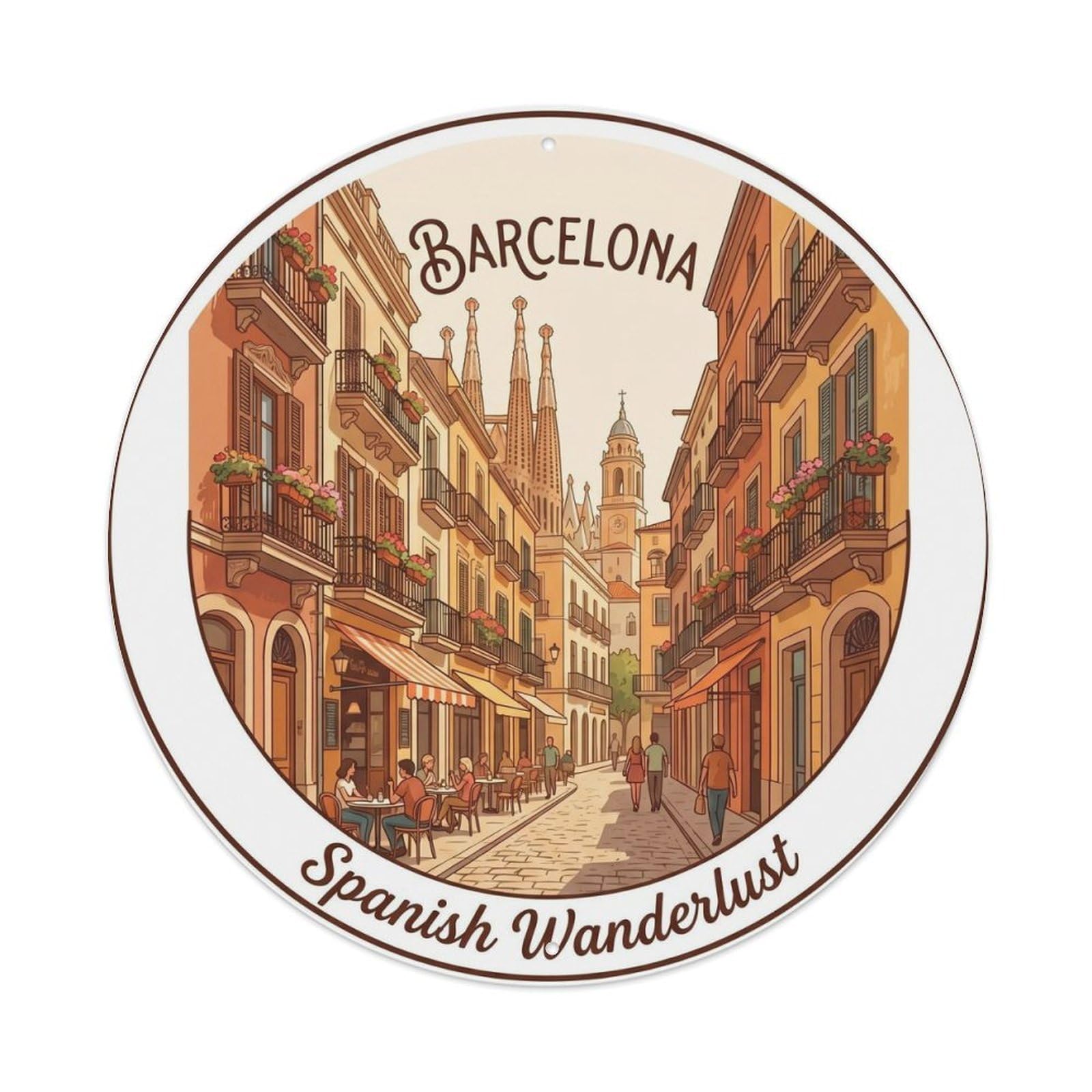 Classic Barcelona Cityscape Street Scene Catalan Travel Metal Tin Sign Plaque Wall Decor for Cafe, Man Cave, Club Bar, Office, Home Garden Round Metal Poster 8x8Inch