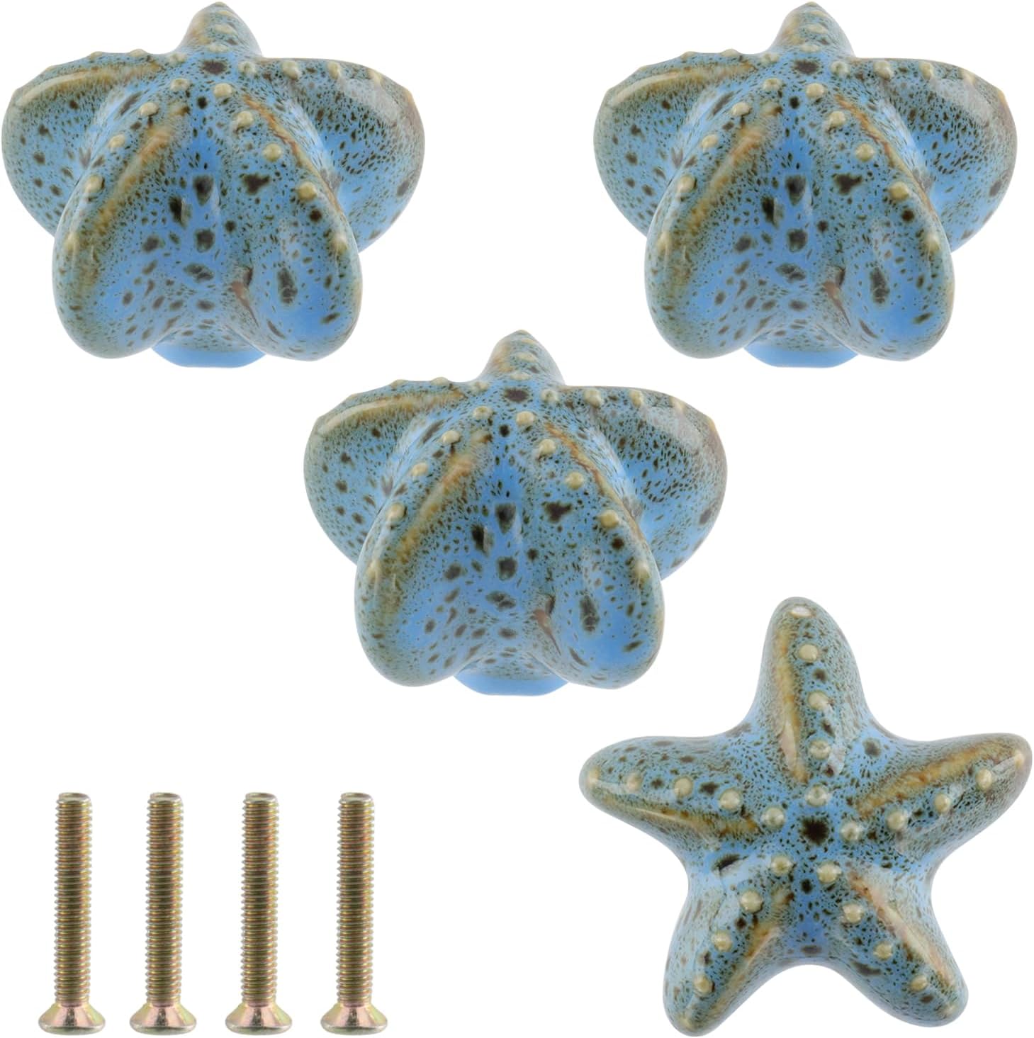 4 Pcs Starfish Drawer Knobs Door Knobs Kitchen Cabinet Handles Vintage Knobs Pulls, Sky Blue