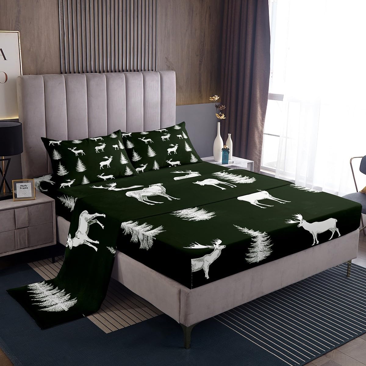 Elk Deer Fitted Sheet Full Size,Cute Abstract Bear Bed Sheets Woodland Wildlife Sheet Set Pine Trees Jungle Bed Cover Wild Animals Bedroom Decor