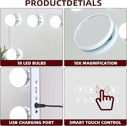 Miniatura 4 de VANITII Espejo de tocador con luces de 31.5 x 22.8 pulgadas, 18 bombillas, 3 modos de color, espejo de maquillaje grande iluminado Hollywood con