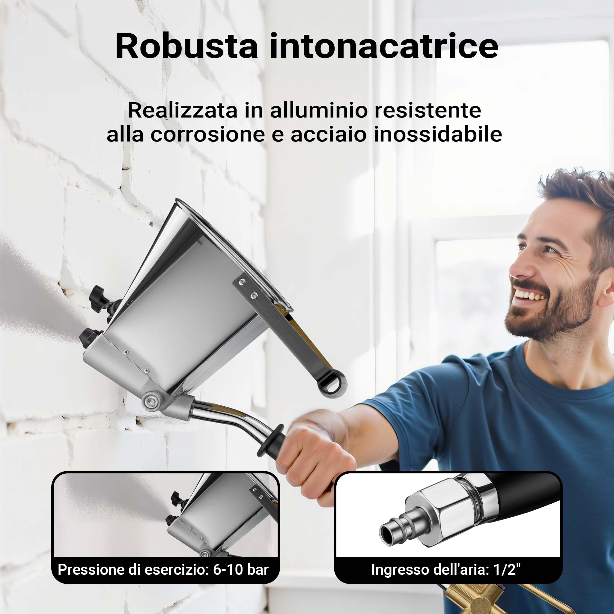 Wiltec Intonacatrice a spruzzo 6-10 bar, macchina per intonaco con ugello da 8 mm, imbuto da 3,7 l, lunghezza 72 cm, pistola per malta in alluminio e acciaio inox
