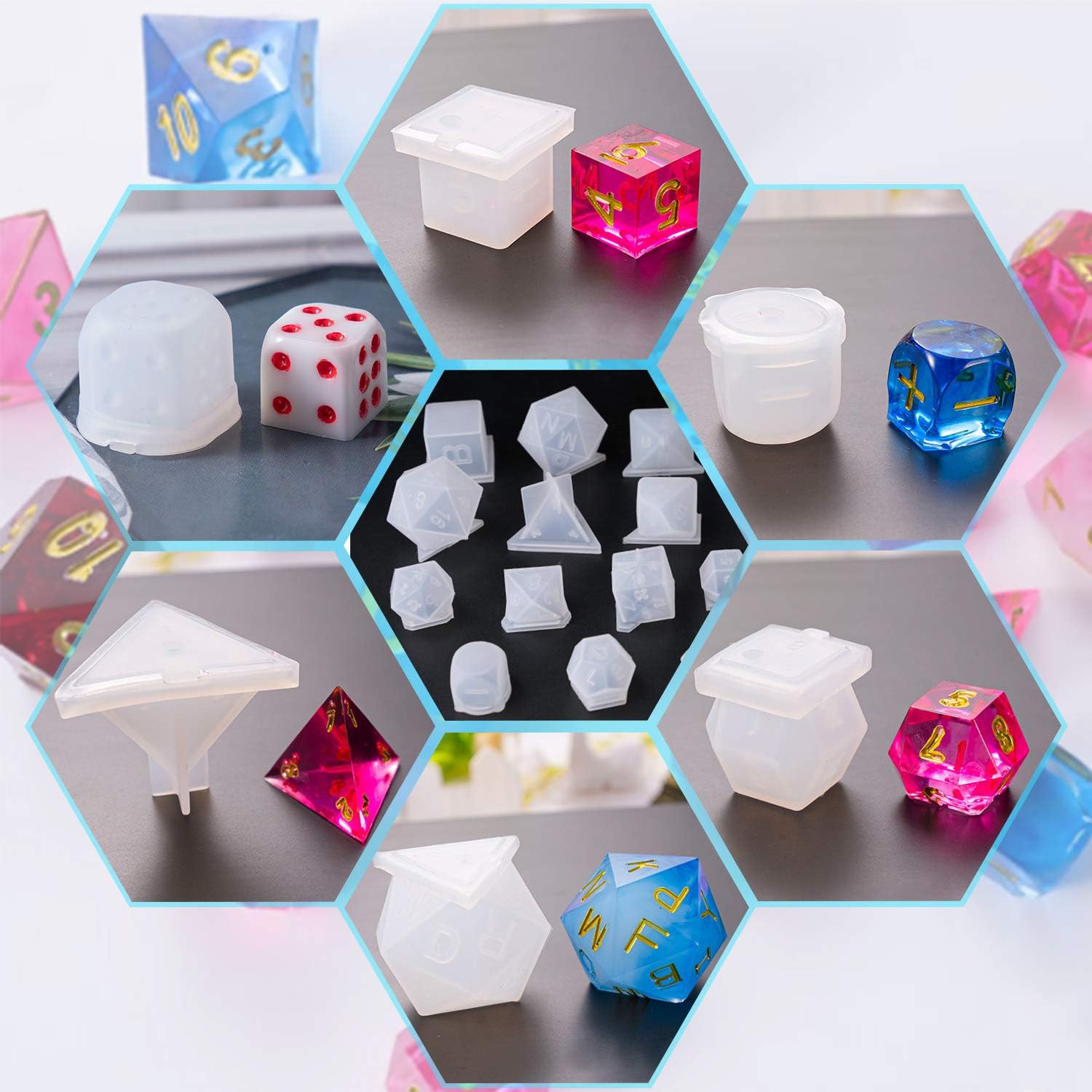 Dice Silicone Resin Casting Molds Multiple Shapes with Alphabet Number 19 PCS Polyhedral Dice Molds for Resin Lovers Table Games DIY Making