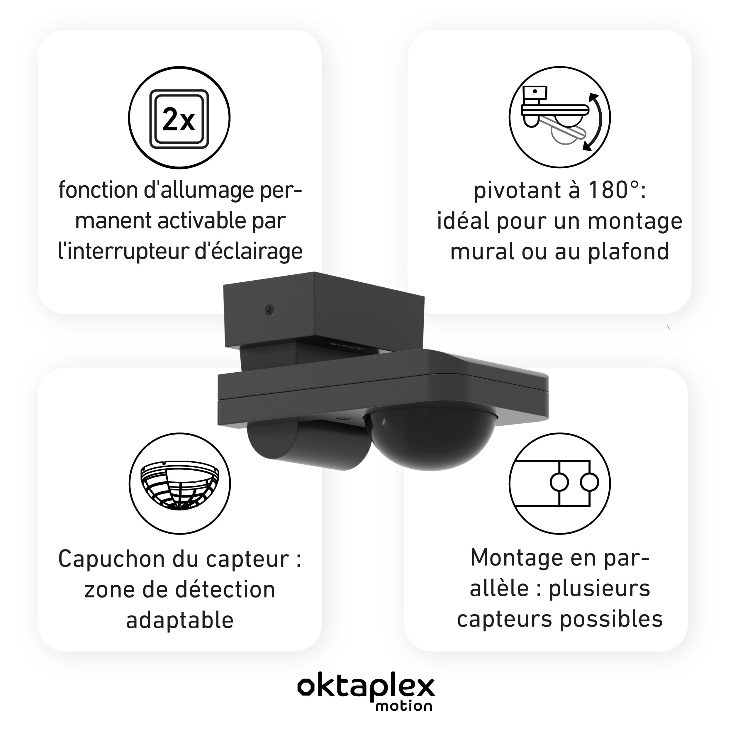 Oktaplex Lot de 2 Tea détecteur Infrarouge Plafond extérieur IP65 | PIR à 360° avec portée de 9 m, orientable avec détecteur crépusculaire pour montage au plafond