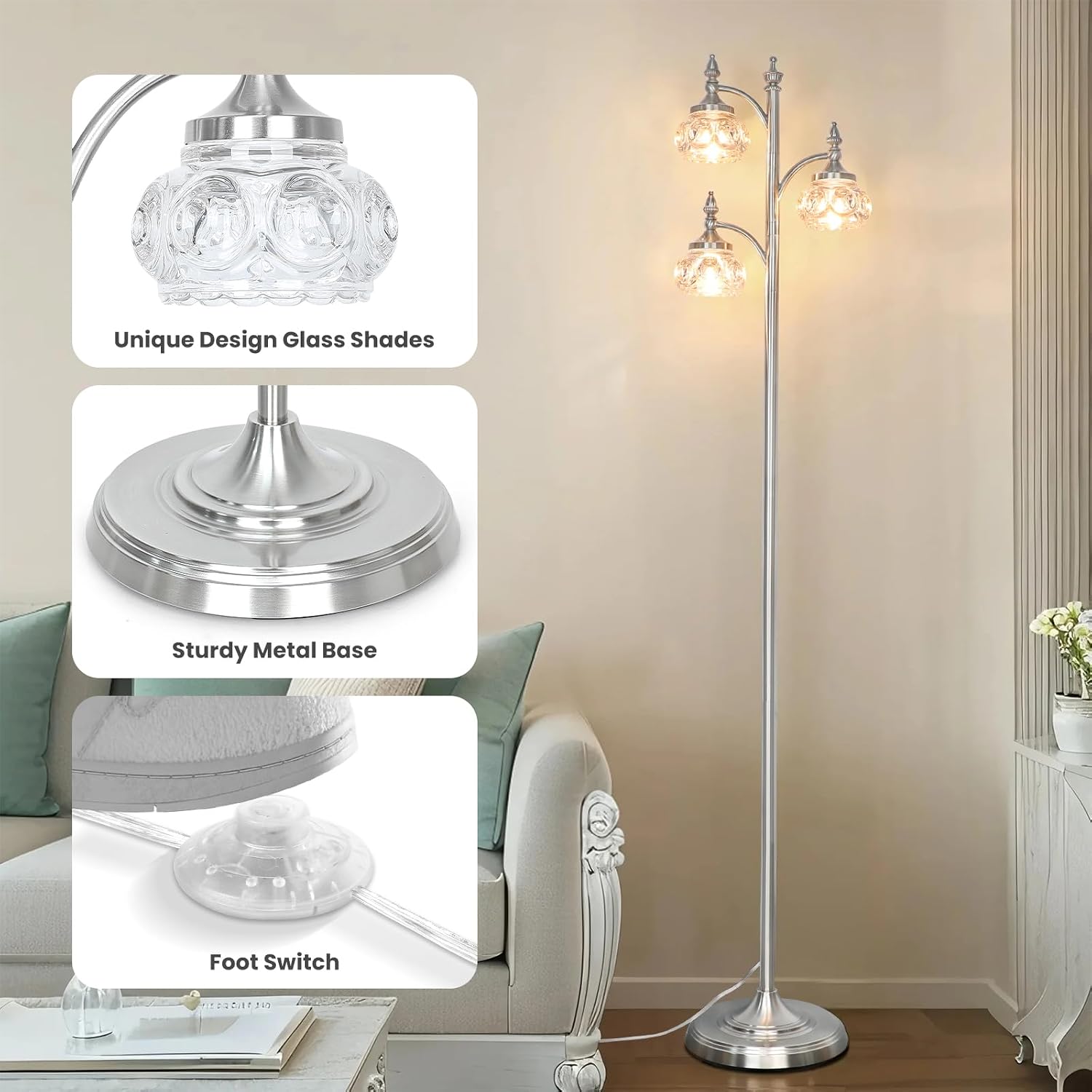 JUNNAI Brushed Nickel Floor Lamp 66.5'' Tall Standing Lamp Dimmable Tree Floor Lamps with 3 LED Lights Glass Shades Silver Lamp for Living Room Bedroom Office(3 Bulbs Included)