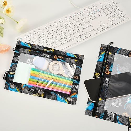 Miniatura 4 de Emelivor Estuche para lápices de neumáticos Monster Truck para carpeta de 3 anillas, paquete de 2 bolsas de gran capacidad con cremallera, estuche