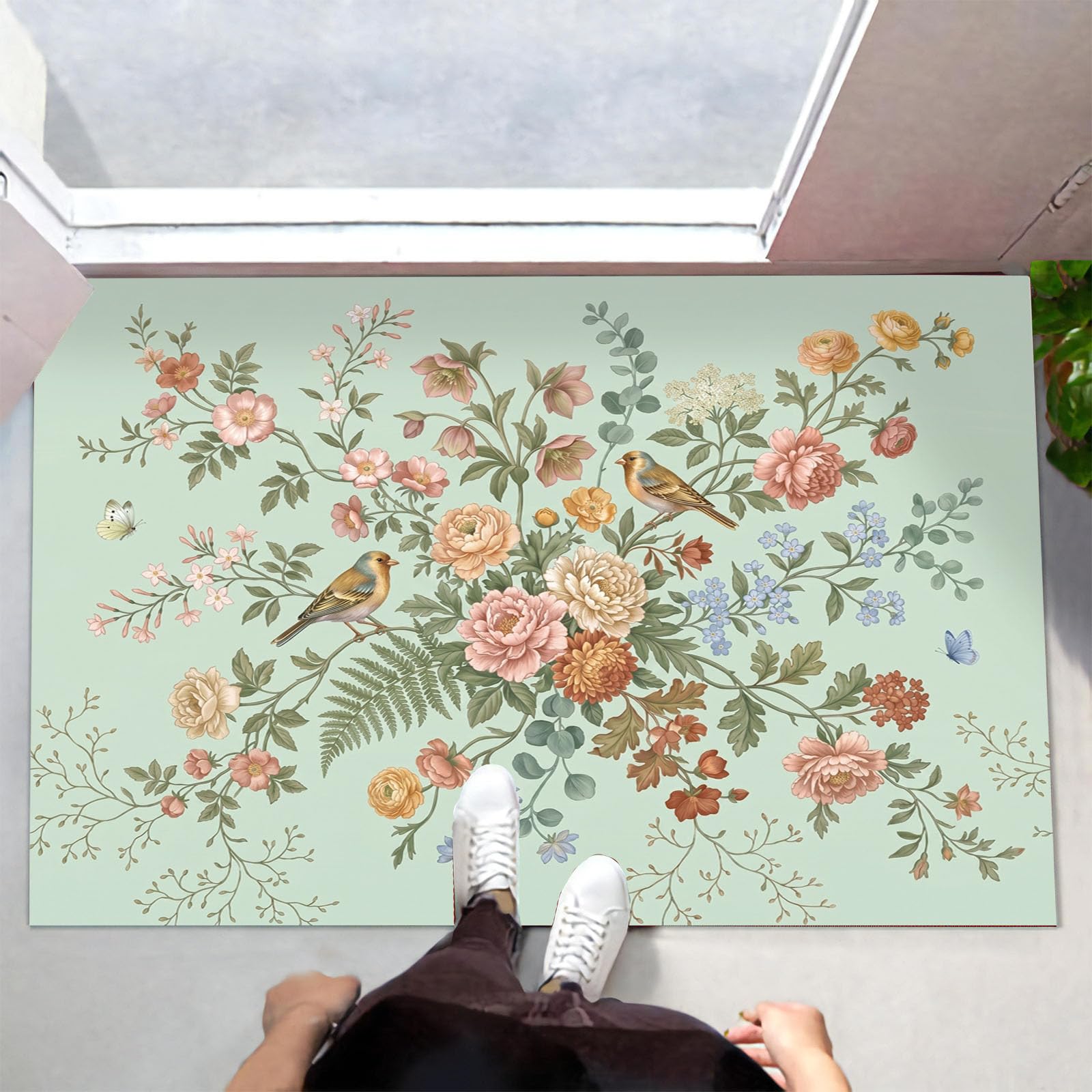 Felpudo Ultrafino Para Interiores,80X120Cm,Flores Orientales Sencillas Pájaros Alfombra Antideslizante Lavable Para Entrada,Plantas Naturales Retro Felpudo De Perfil Bajo,Atrapa Suciedad,Verde Salvia