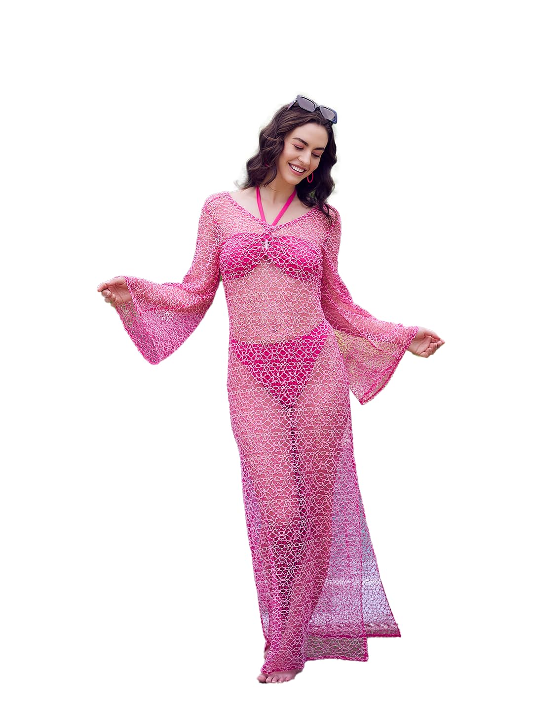 poshbery Pink White Lace Cover up-picture-0