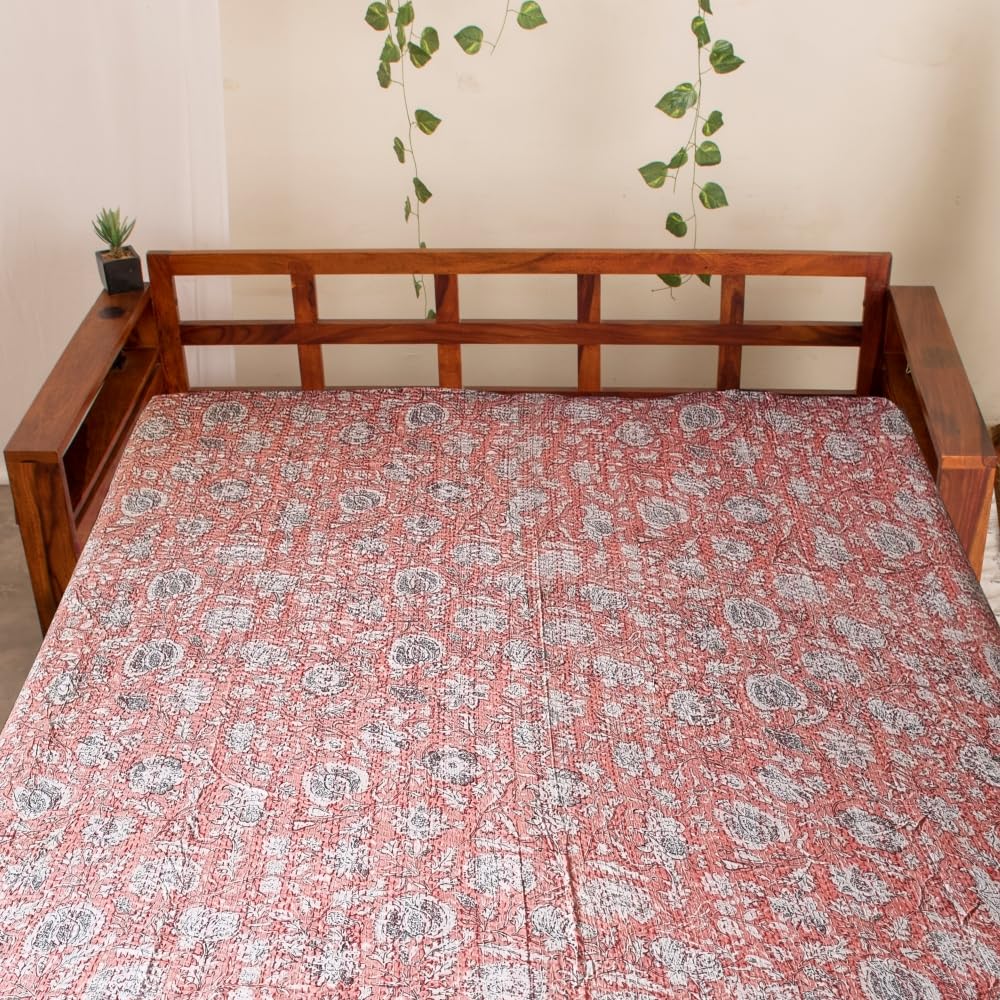 Premium Jaipuri Kantha Bedcover - Soft & Pure Cotton, Handcrafted & Handstitched Bedsheet/Gudri, King Size 90x108 inches (for Double Bed), Pink Base with White Florals