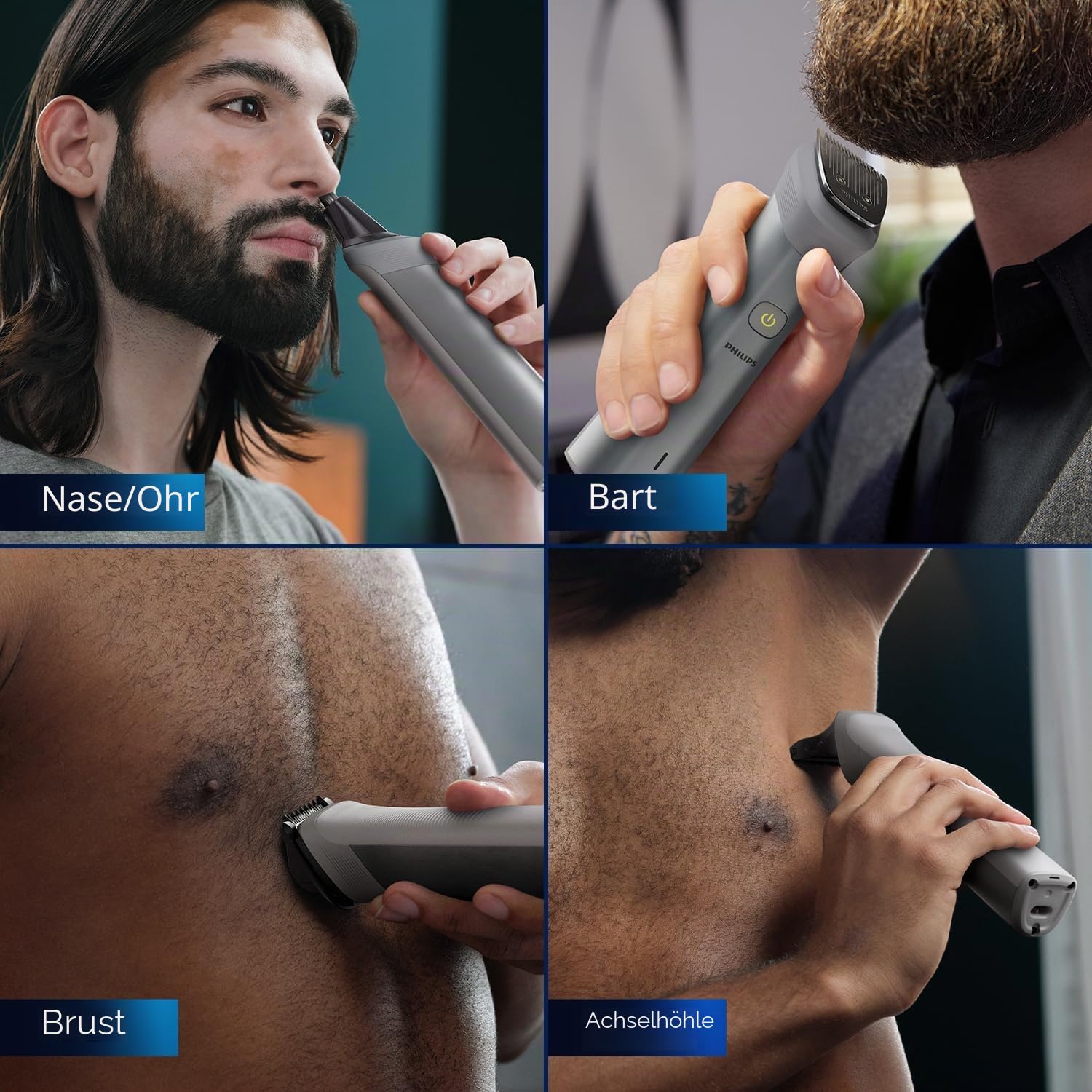 Philips MG5930/65 All-in-One-Trimmer, wiederaufladbar, kabellos, für Gesicht, Kopf und Körper für Männer (120 Minuten Laufzeit, Bart-Sense-Technologie, Silber)