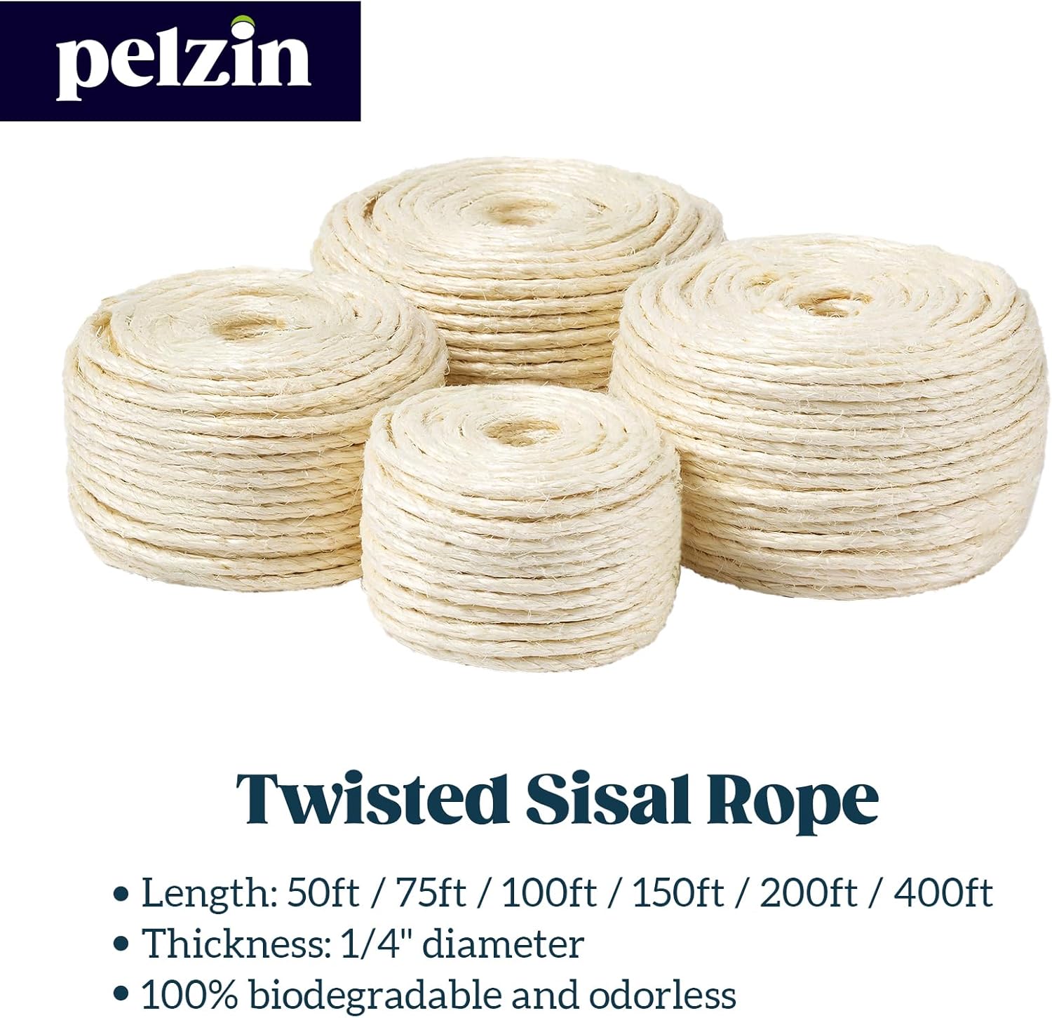 Pelzin Natural Sisal Rope for Cat Scratcher 1/4 Inch by 400 Feet, Cat Tree Rope Twine for Cat Scratching Post Replacement, Cat Tower with Scratch Post Repairing, Replace, Recovering and DIY, White