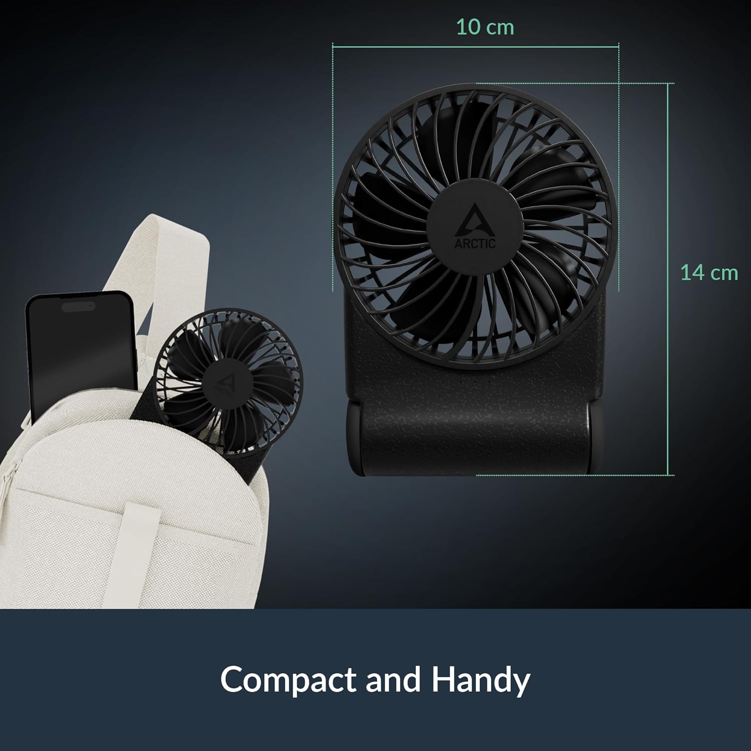 Close-up view of the ARCTIC Summair 2Go fan's base, showing the battery compartment with a lithium-ion cell inside.