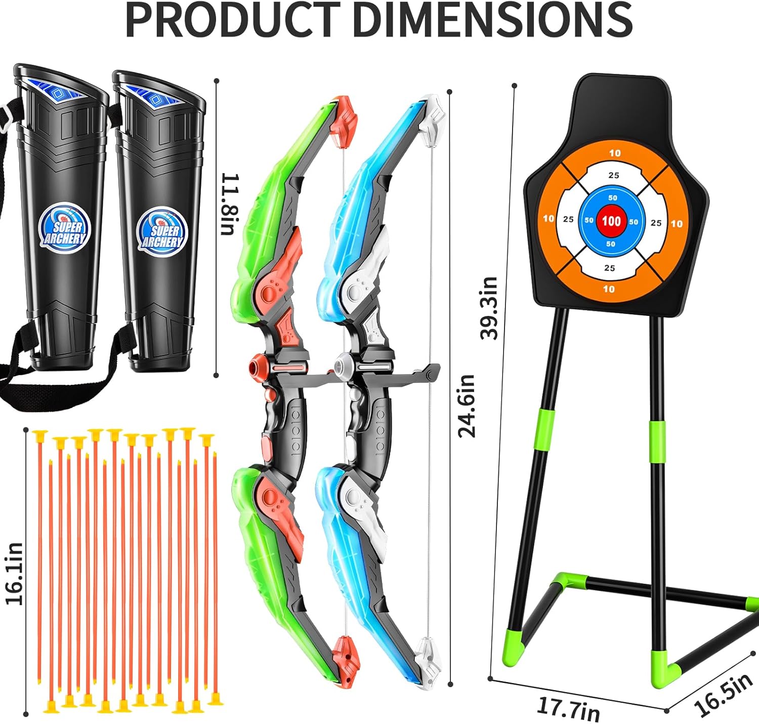 TEMI 2 Pack Archery Set - Includes 2 Bows, 20 Suction Cup Arrows & 2 Quivers & Standing Target, Outdoor Light Up Toys for Kids Boys Girls