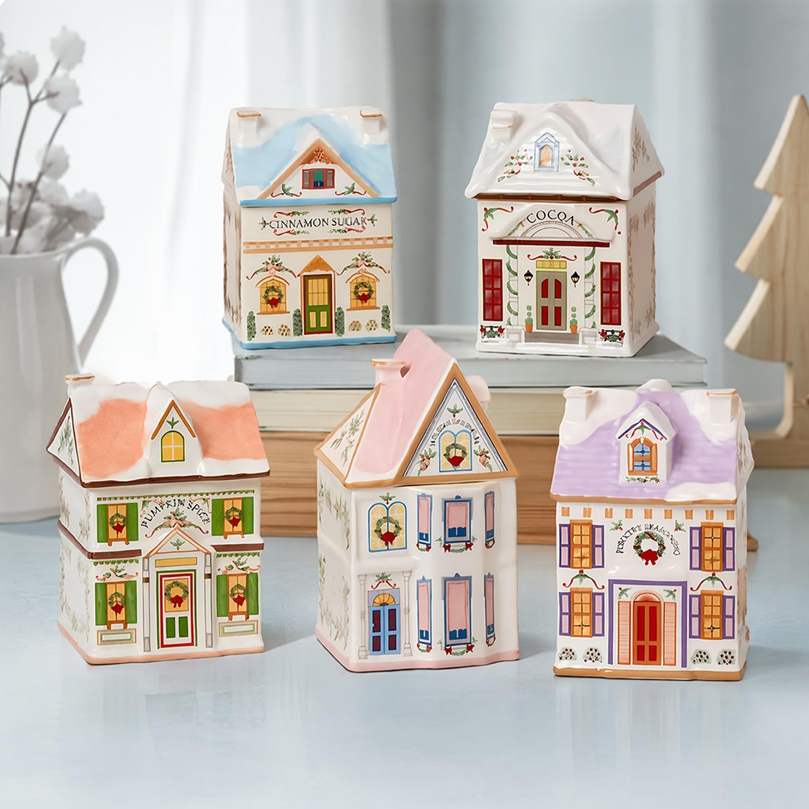 6-teiliges Mini-Weihnachts-Gingerbread-Häuser Gewürzdosen-Set aus Harz im Vintage-Stil, Festliche Dekoration für die Küchenarbeitsplatte, Klassische Gewürz-Dörferkollektion