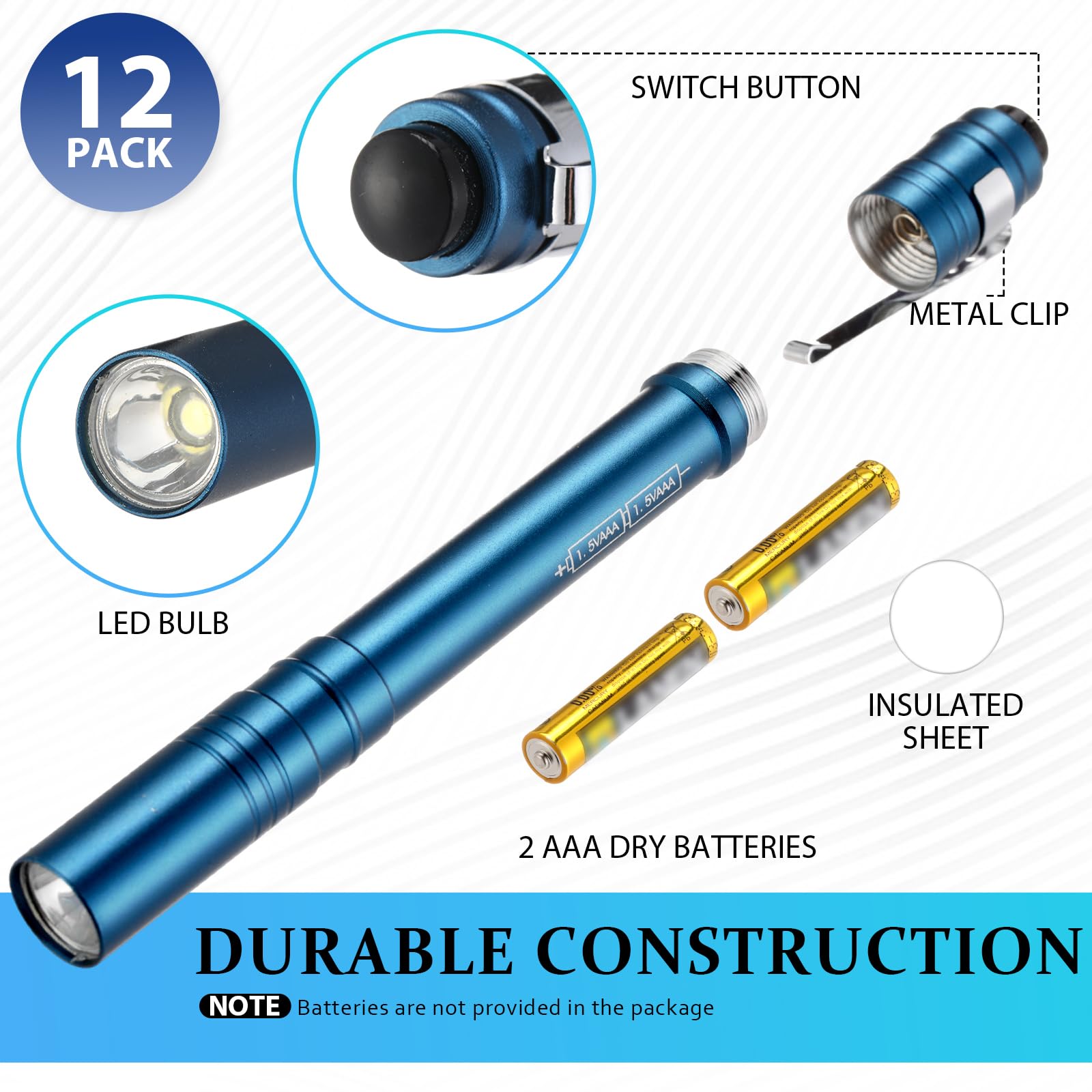 Tujoe Confezione da 12 penne a LED, torcia tascabile con clip, mini torcia in alluminio, per infermieri, ospedali, campeggio, emergenze ed escursioni (blu lago)