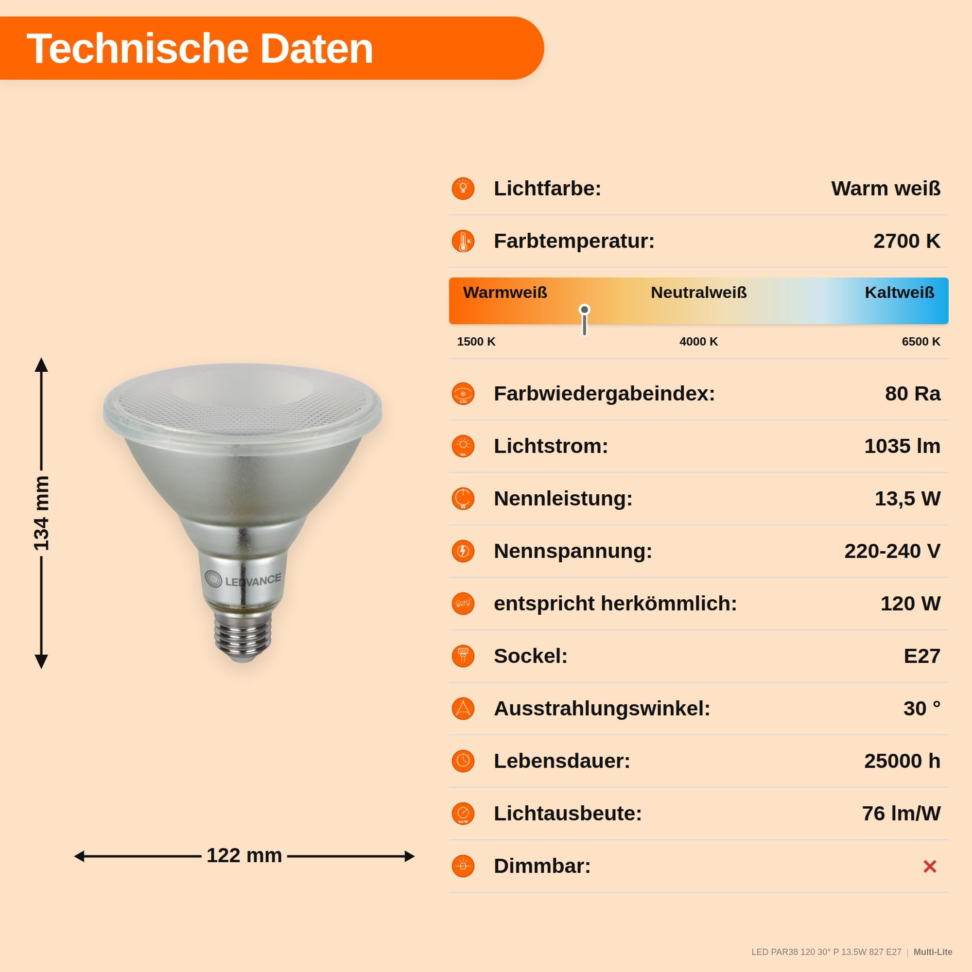 LEDVANCE 6x LED PAR38 Spot, 13.5W, Warmweiß 2700K, E27, 1035lm, 30° Abstrahlwinkel, IP65, Ersetzt 120W 6er SPARPACK