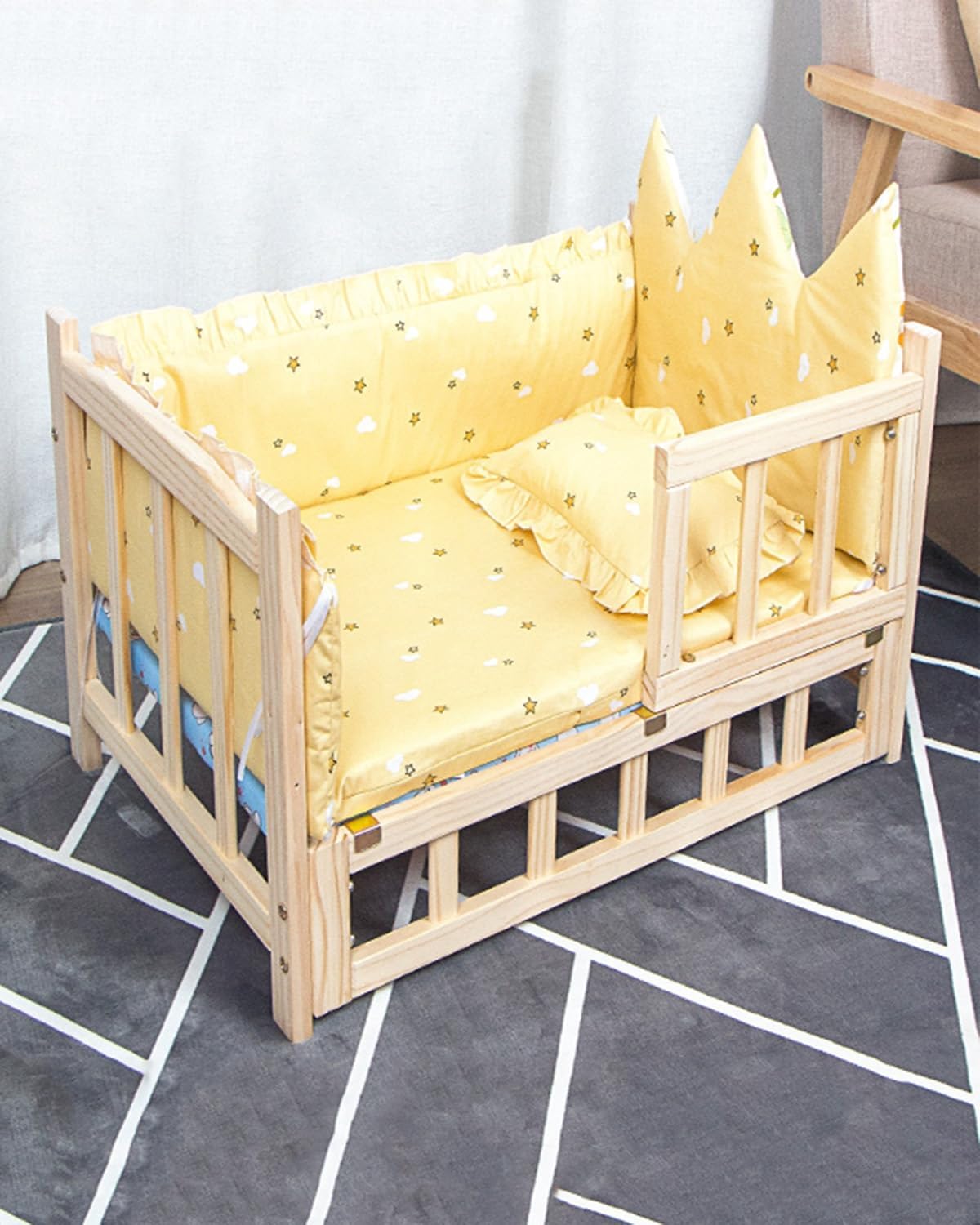 Anti-Slip Wood Raised Dog Bed Off The Ground, Durable Waterproof Pet Cot with Rails, All-Season Cat Furniture Bed for Small/Medium/Large Pets (Color : 1-with Bedding, Size : M-75 * 50 * 42cm