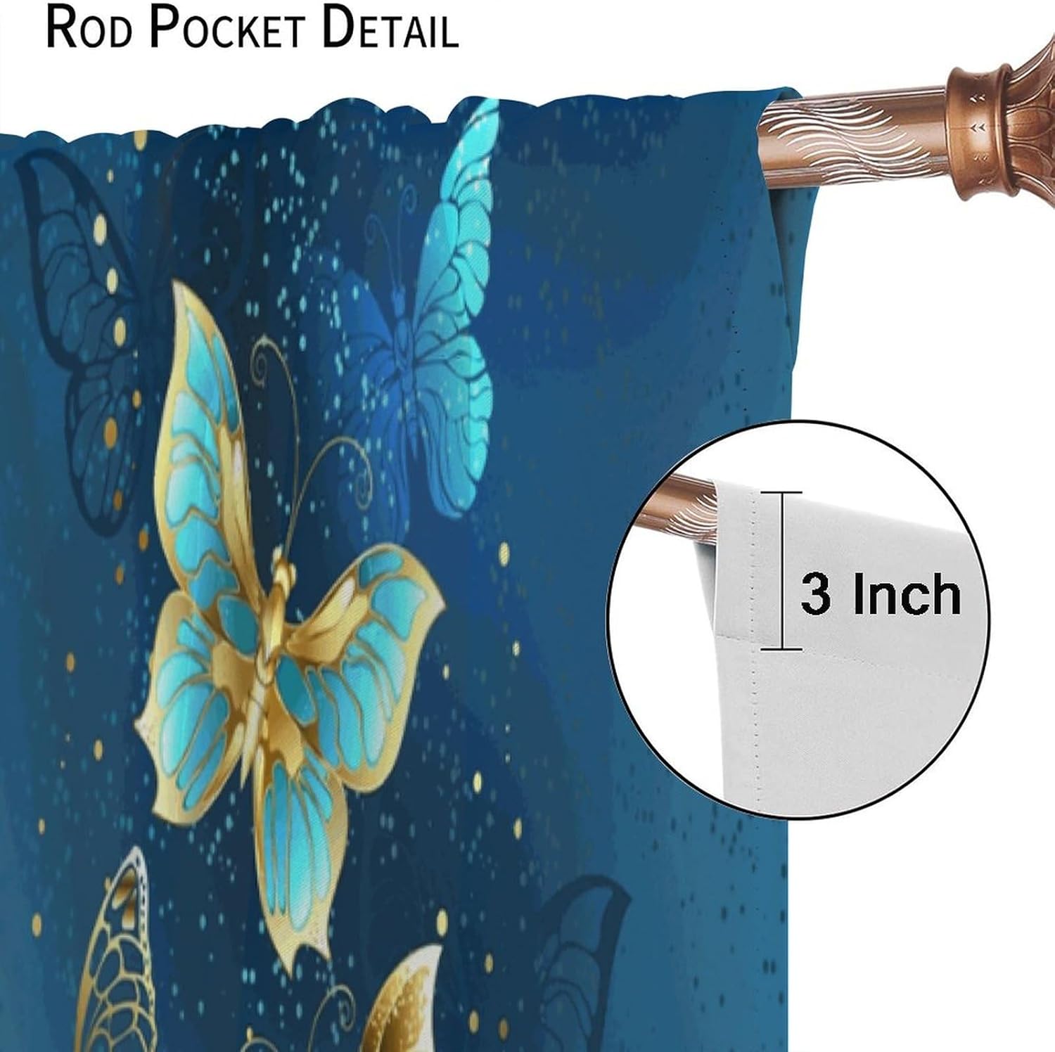 Retro Butterfly Curtains Blue Gold Butterflies Blackout Print Rod Pocket Window Drapes for Bedroom Living Room 42x63in