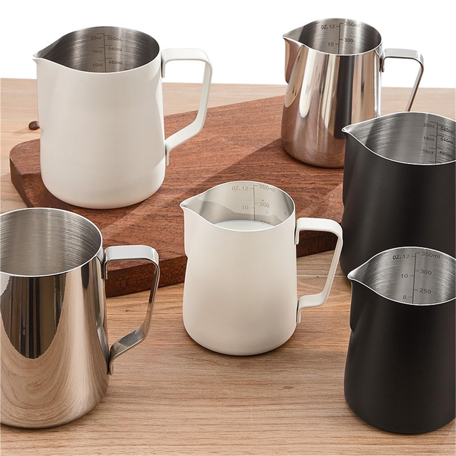 Jarras de espuma de leche, jarra de espuma de café de acero inoxidable, 350 ml/600 ml para baristas, diseño de boca en V para leche perfectamente espumada, ideal para arte espresso y latte