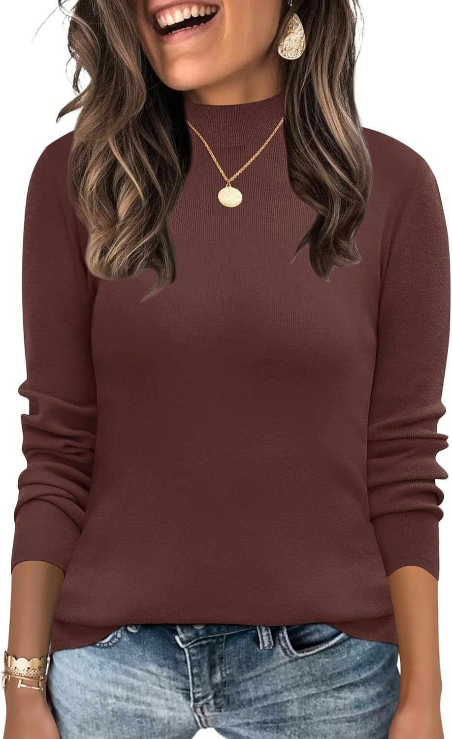 LOMON Mock Neck Tops for Women Long Sleeve Dressy Casual Lightweight Basic Knitted Pullover Sweater S-XL